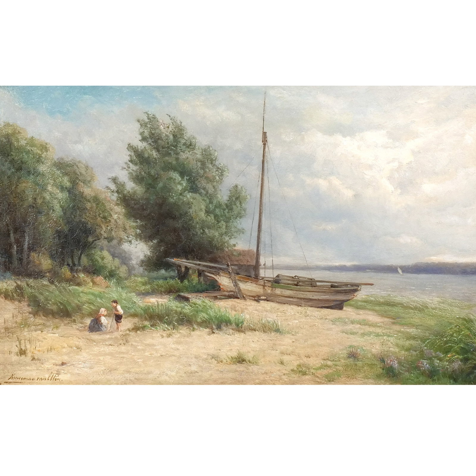 KRUSMAN VAN ELTEN (American, 1829-1904): In the Bay Oil on canvas h. 14 w. 22 in. Signed lower left, titled and signed on an old label on verso, housed in the original gilt composition frame overall: 24 x 32 in. (framed) Provenance: Private