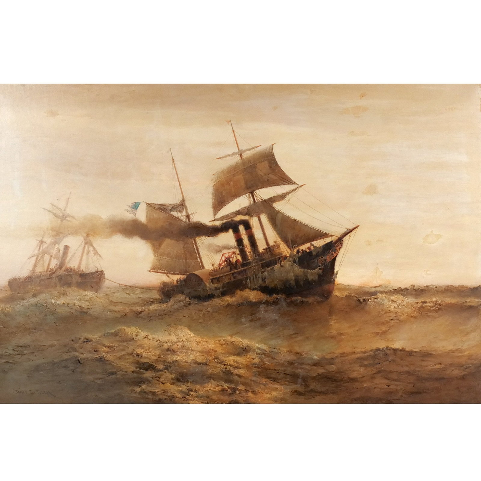 JAMES GALE TYLER (American, 1855-1933): Overdue Oil on canvas h. 40 w. 60 in. Signed lower left James Gale Tyler, titled on original plaque 'Overdue'"Overdue: An American paddle tug towing in a storm-damaged steamer' overall: 51 x 71 in. (f