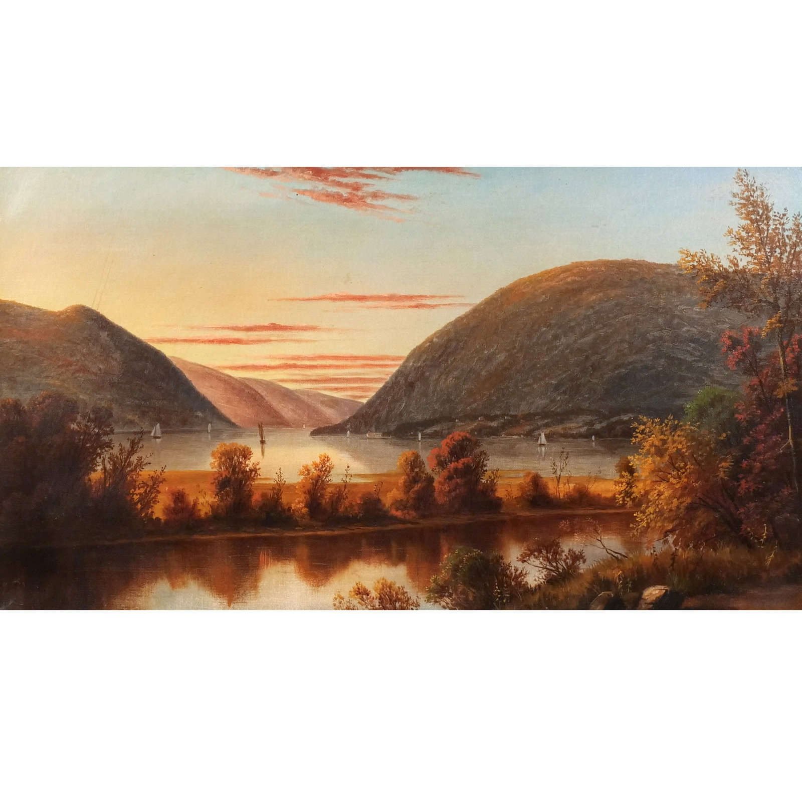 THOMAS BENJAMIN POPE (American, 1834-1891): Highlands of Hudson River from West Oil on canvas h. 18 w. 32 in. Signed lower right, in a gilt carved frame overall: 25 x 39 in. (framed) Provenance: Private collection, New Paltz, NY