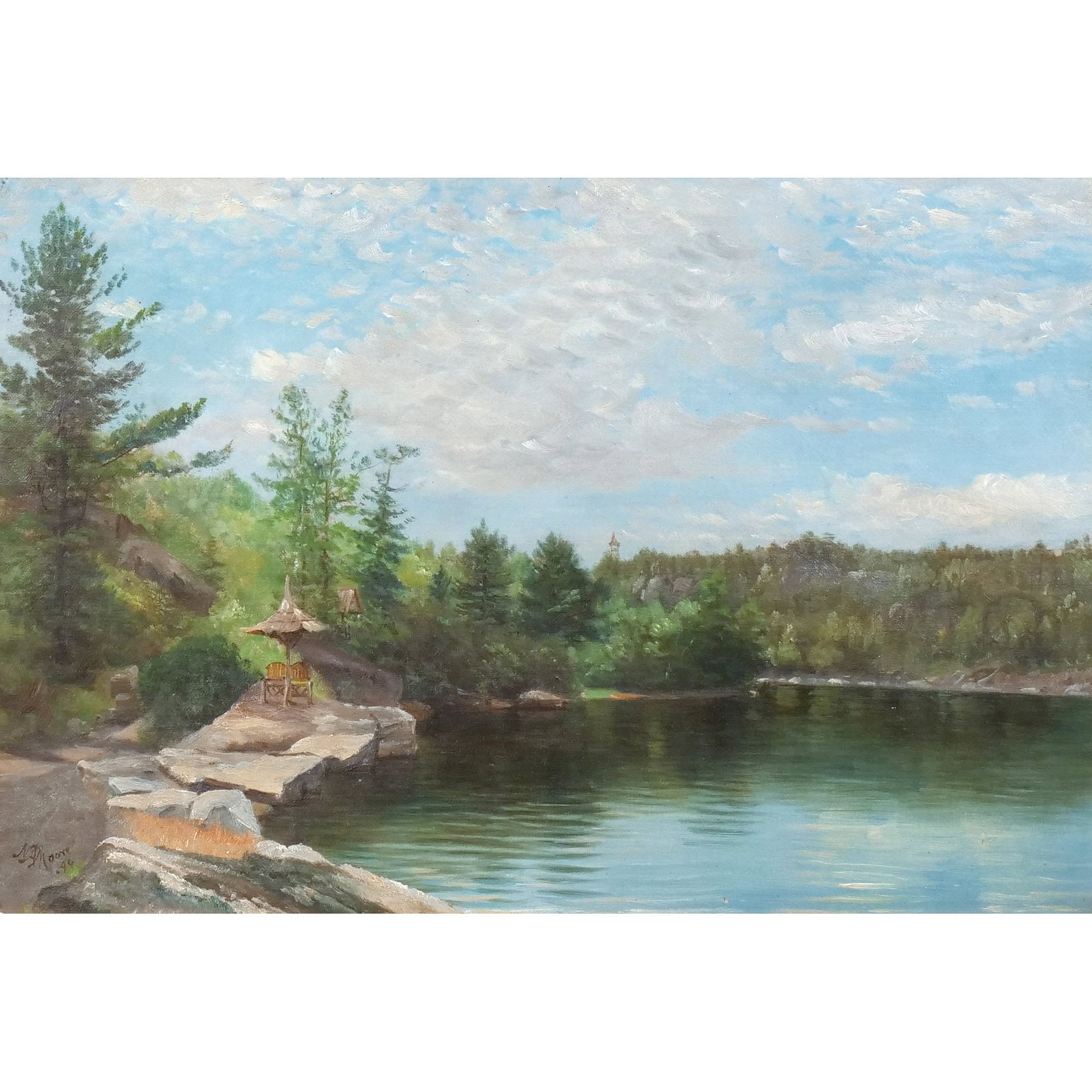NELSON AUGUSTUS MOORE (American, 1824-1902): Bucolic Lake Mohonk Landscape Oil on canvas h. 13 w. 19 in. Signed and dated '94 lower left , titled and reads 'Painted by N.A. Moore, Kensington, CT', in a gilt frame overall: 20 x 26 in. (framed)