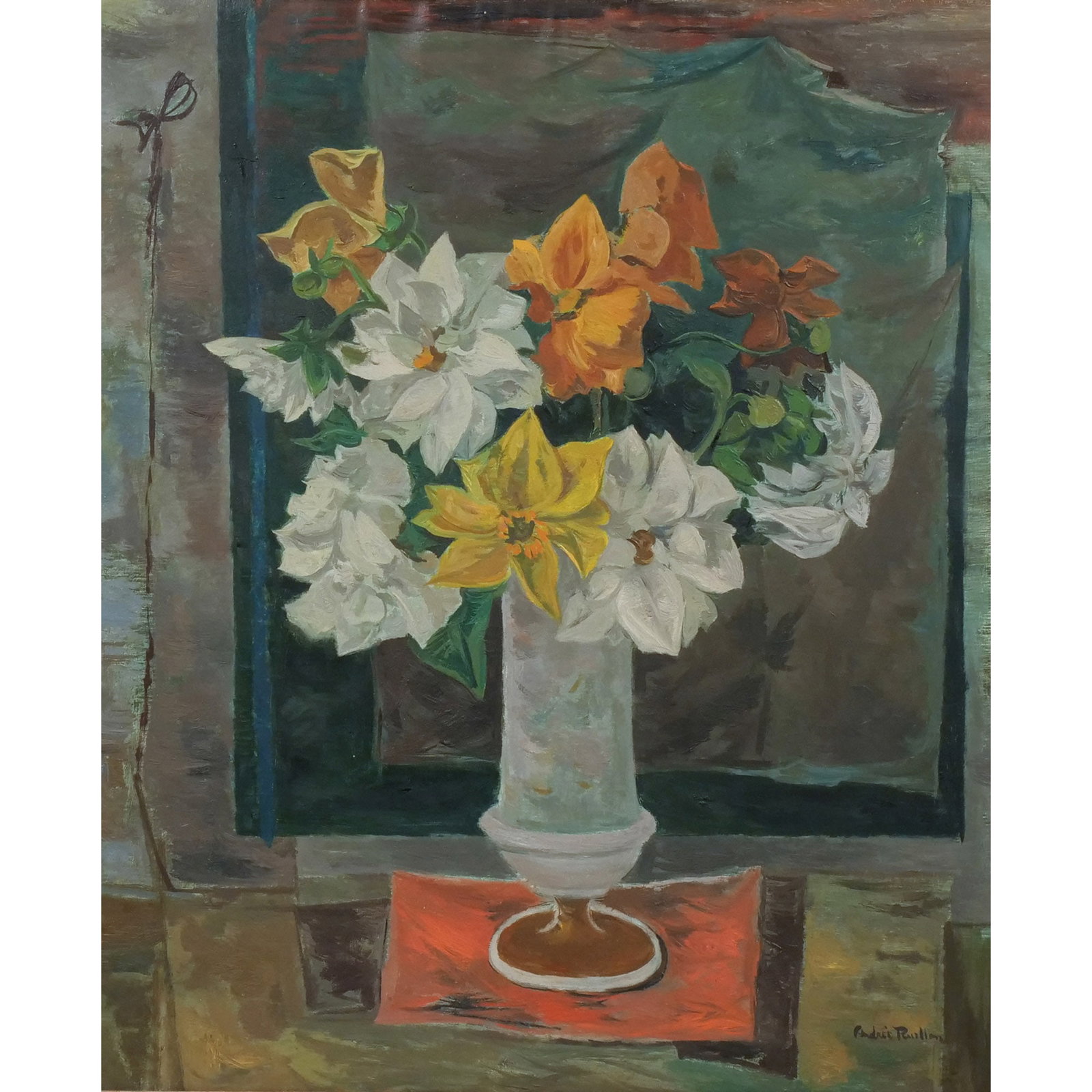 ANDREE RUELLAN (American, 1905-2006): Tabletop Floral Still Life Oil on canvas h. 24 w. 20 in. Signed lower right, framed overall: 29 x 25 in. (framed) Provenance: Old Gallery Label on reverse from Kraushaar Galleries, New York, NY.; The 