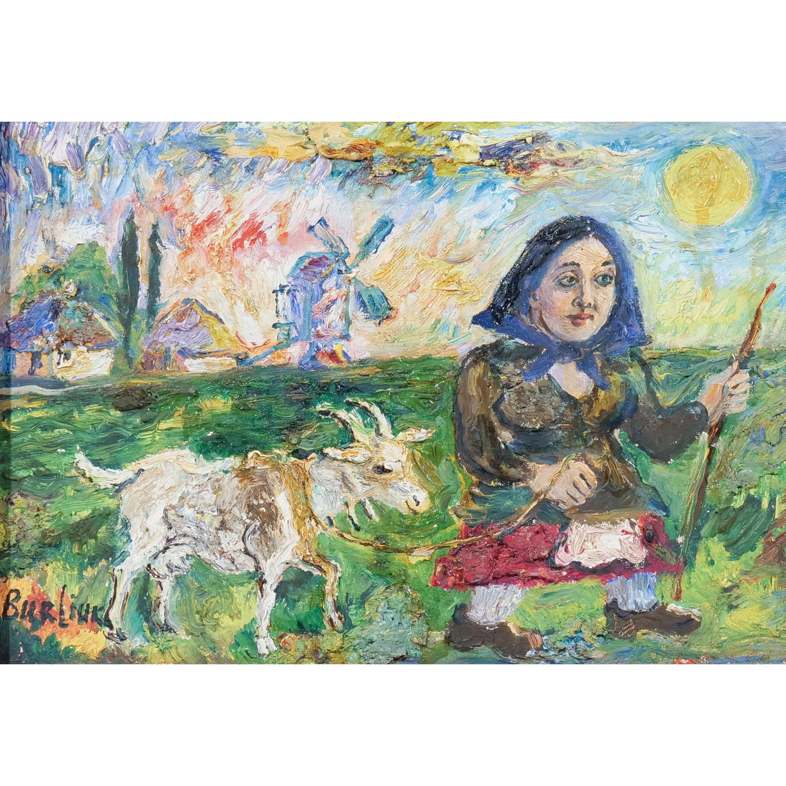 DAVID BURLIUK (Ukrainian/American, 1882-1967): Girl with a Goat, 1944 Oil on canvas board h. 10 w. 14 in. Signed lower left, titled on verso and inscribed 'N2 Girl with a goat / painted in Elsinore, Cal. [California] / (March 1944.) / Exhibited: