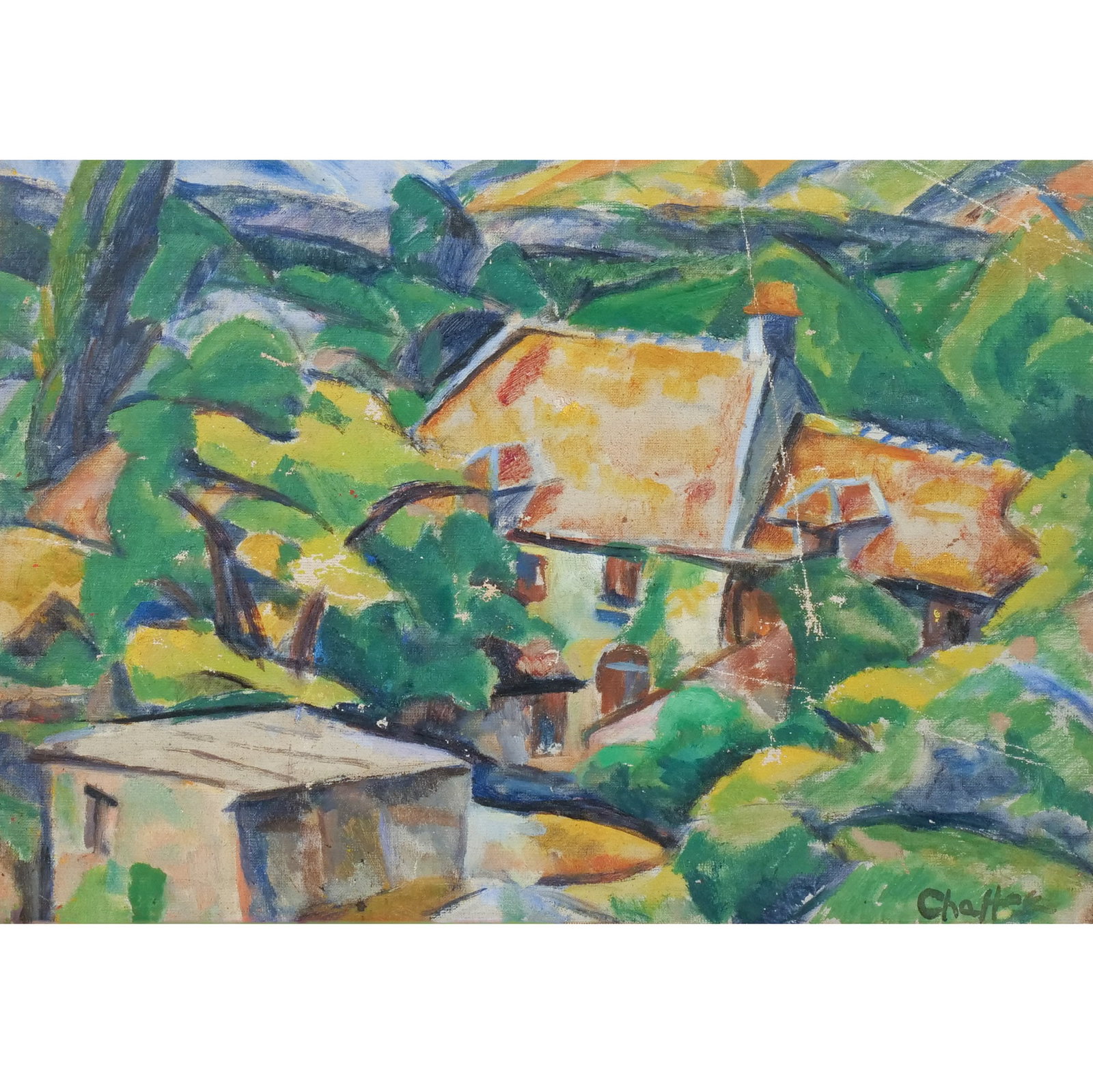 OLIVE RUTH HOLBERT CHAFFEE (Missouri, 1886-1980): House in Botanical Setting Oil on panel h. 13 w. 18-5/8 in. Signed 'Chaffee' lower right, framed overall: 14 x 19-5/8 in. (framed) Provenance: The estate of noted artist and author Edward Giobbi