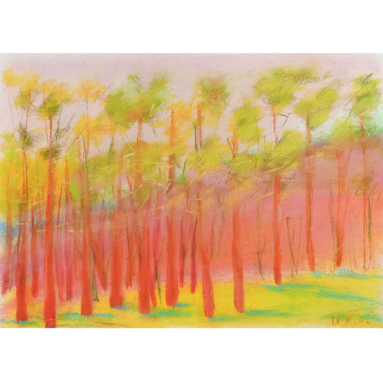 WOLF KAHN (1927-2020): Trees of sunset orange Pastel on paper h. 21-1/4 w. 30 in. (sight) Signed lower right, a forest interior in sunset orange, pink, yellow, and greens, framed overall: 28 x 36-1/2 in. (framed)