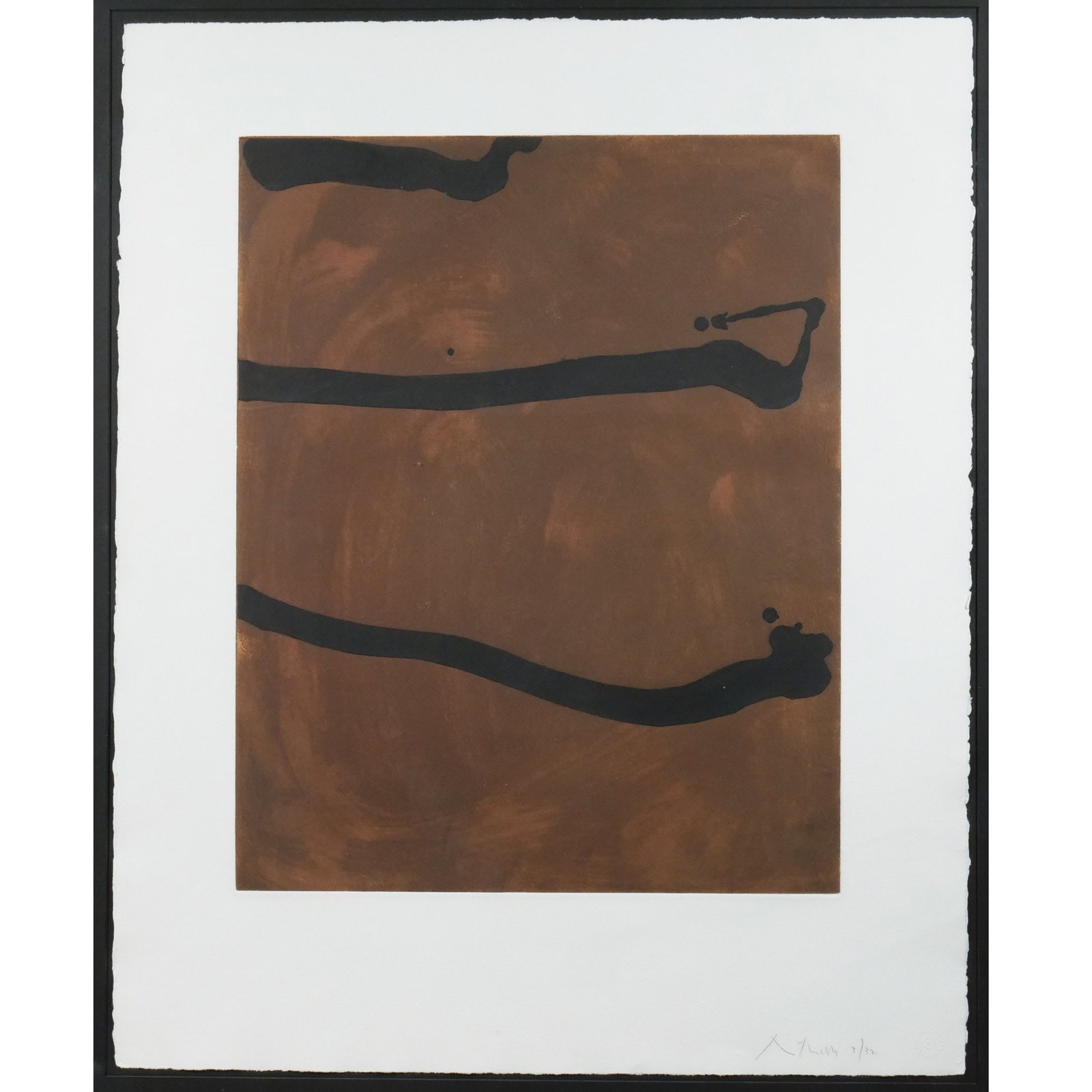 ROBERT MOTHERWELL (American, 1915-1991): Untitled, 1974 Etching with aquatint h. 27-1/2 w. 22-1/4 in. Signed and numbered 3/32, with the artist's blindstamp, framed overall: 36 x 31 in. (framed) Provenance: The estate of Richard and Jean M.