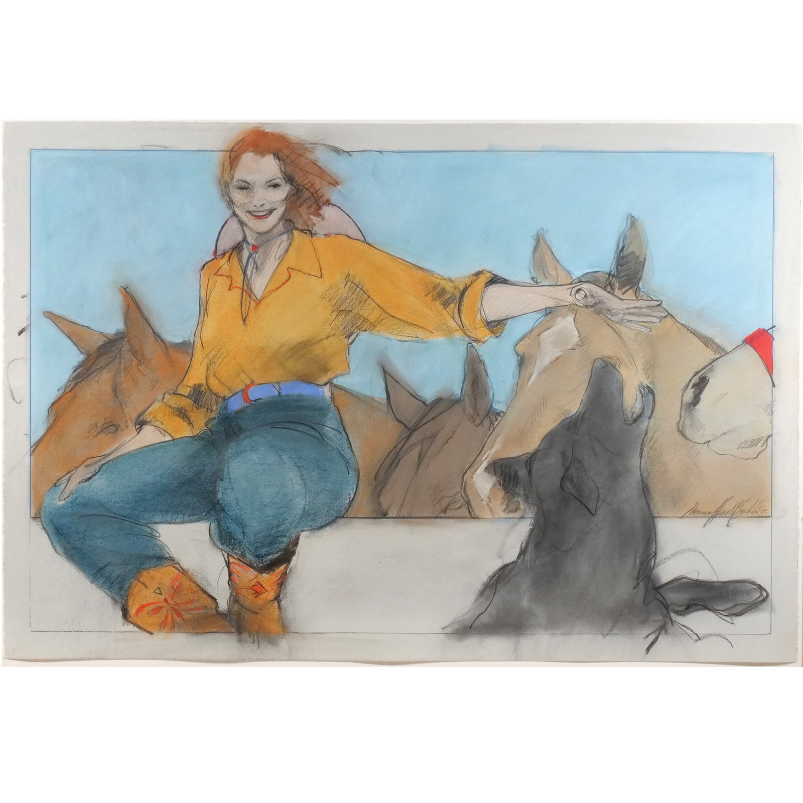 DONNA HOWELL-SICKLES (American, 1949-): Woman with a dog and horses Mixed media on paper h. 30 w. 44 in. (sheet) Signed middle right, framed overall: 33 x 47 in. (framed) Provenance: Private collection, Mount Kisco, NY