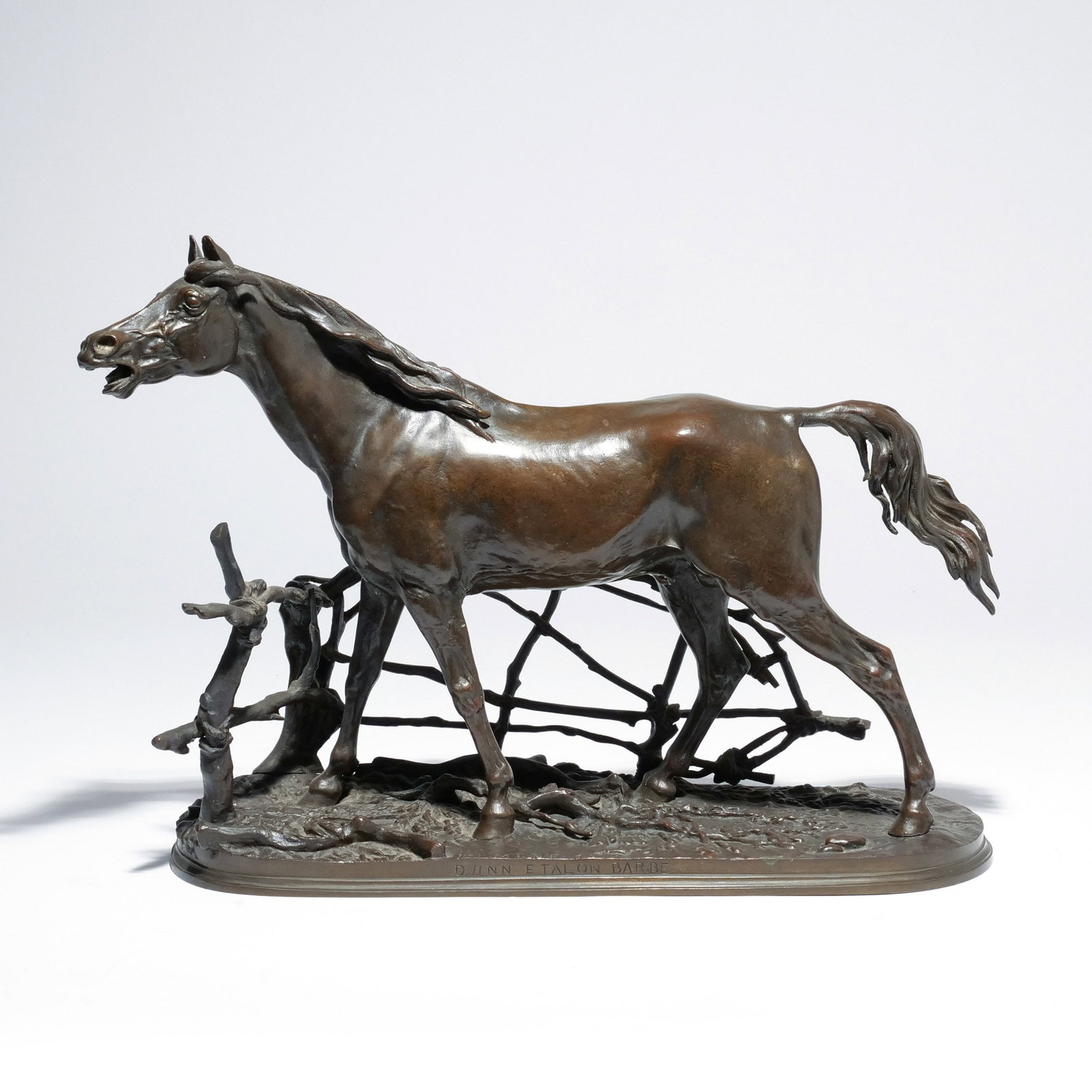 PIERRE-JULES MENE (French, 1810-1879): Djinn Etalon Arabe Bronze h. 11 w. 14-1/2 d. 6-3/4 in. 'Djinn Etalon Arabe (Djinn, Arabian Stallion)', signed 'P. J. Mene 1865', with pinned tail as originally cast Provenance: Descent through a promi