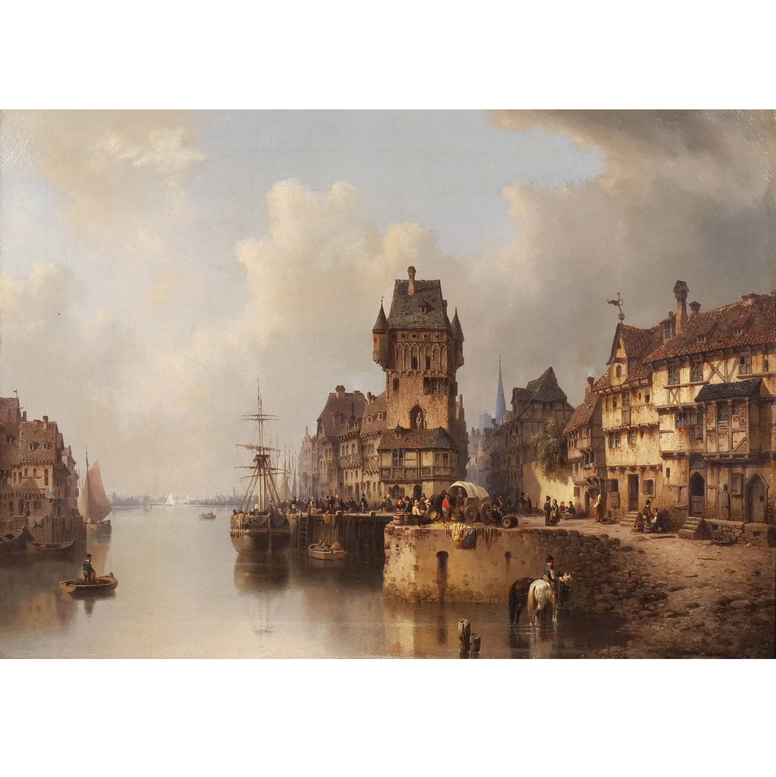 LUDWIG HERMANN (German, 1810/12-1881): Flemish harbor scene, 1853 Oil on canvas h. 27-1/2 w. 38 in. Signed and dated lower right, in a 20th century gilt frame overall: 34-1/2 x 45-1/2 in. (framed) Provenance: Descent through the consignor'
