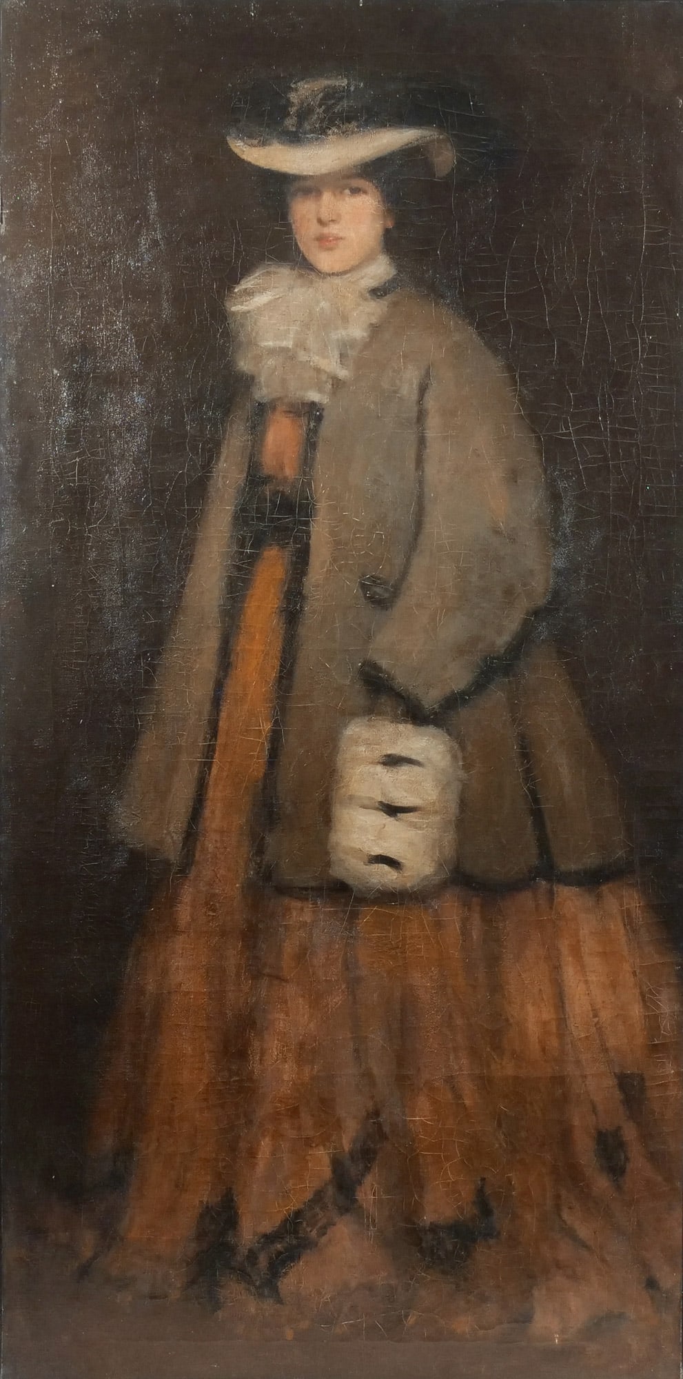 (Attrib.) BESSIE MacNICOL (Scottish, 1869-1904): Portrait of a woman Oil on canvas h. 71-1/2 w. 36 in. Late 19th / early 20th century, depicting a woman in full length wearing a grey overcoat and hat, no apparent signature, old newspaper clipping wi