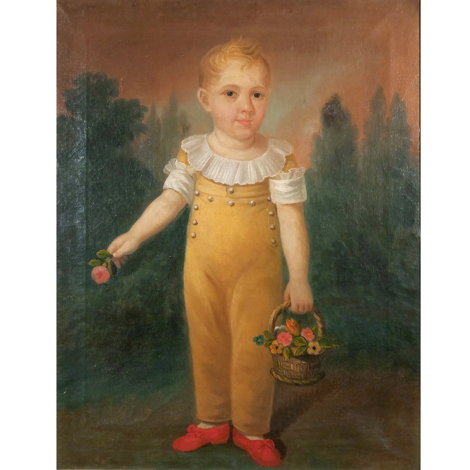 AMERICAN SCHOOL, Late 18th / early 19th century: Full-Length Portrait of a Child Oil on canvas h. 36 w. 28 in. (sight) Full-length portrait of a child in an outdoor setting, the child wearing a prominent white, ruffled collar (ruff) typical of the l