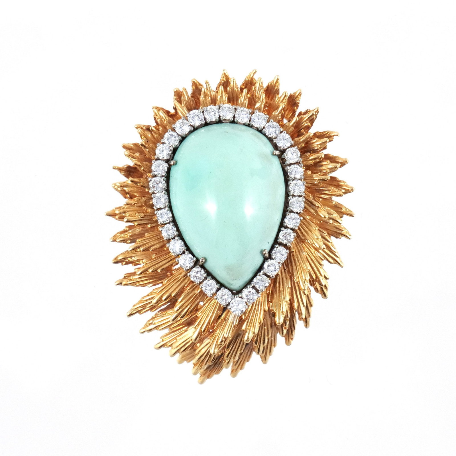 18K GOLD, TURQUOISE, and DIAMOND BROOCH: Centering a pear-shaped turquoise surrounded by 31 round cut diamonds, each approx. 0.07 cts, set within a spray of textured gold leaves, marked 18k, 27.2 g total weight h. 1-3/4 w. 1/3/8 in.