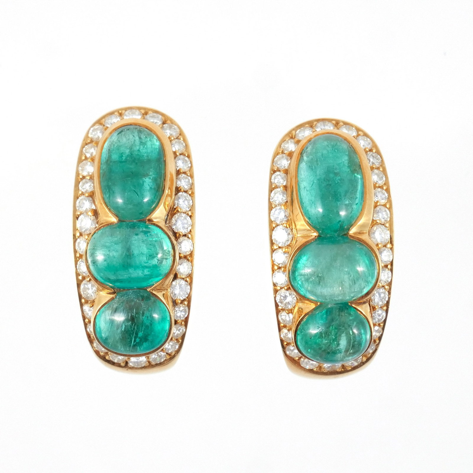 PAIR of 18K GOLD, DIAMOND, & GEMSTONE EARRINGS: Green cabochon gemstones surrounded by pave diamonds and set in gold, approx. 2 carats total diamonds, marked '750 / 18KT', 19.3 g total weight h. 1-1/8 in. Provenance: Descended through the estate