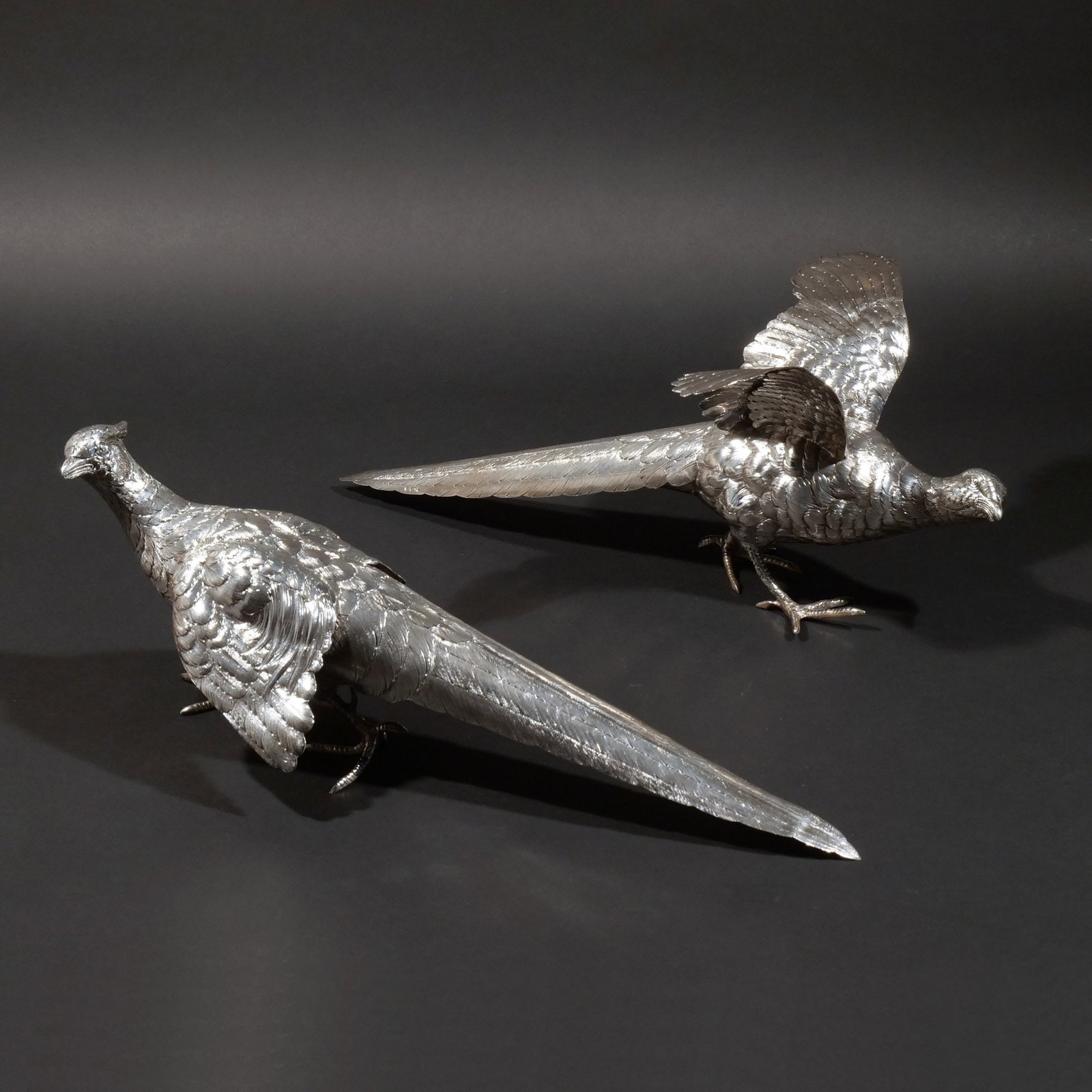 PAIR of GERMAN SILVER PHEASANT ORNAMENTS: circa 1900, 35 ozt total weight h. 7 w. 10 d. 18-1/2 in. (largest) Provenance: Private collection, Mount Kisco, NY