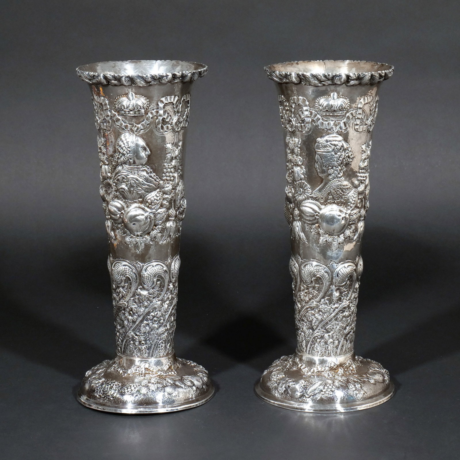 PAIR of HANAU SILVER REPOUSSE TRUMPET VASES (1 of 12)