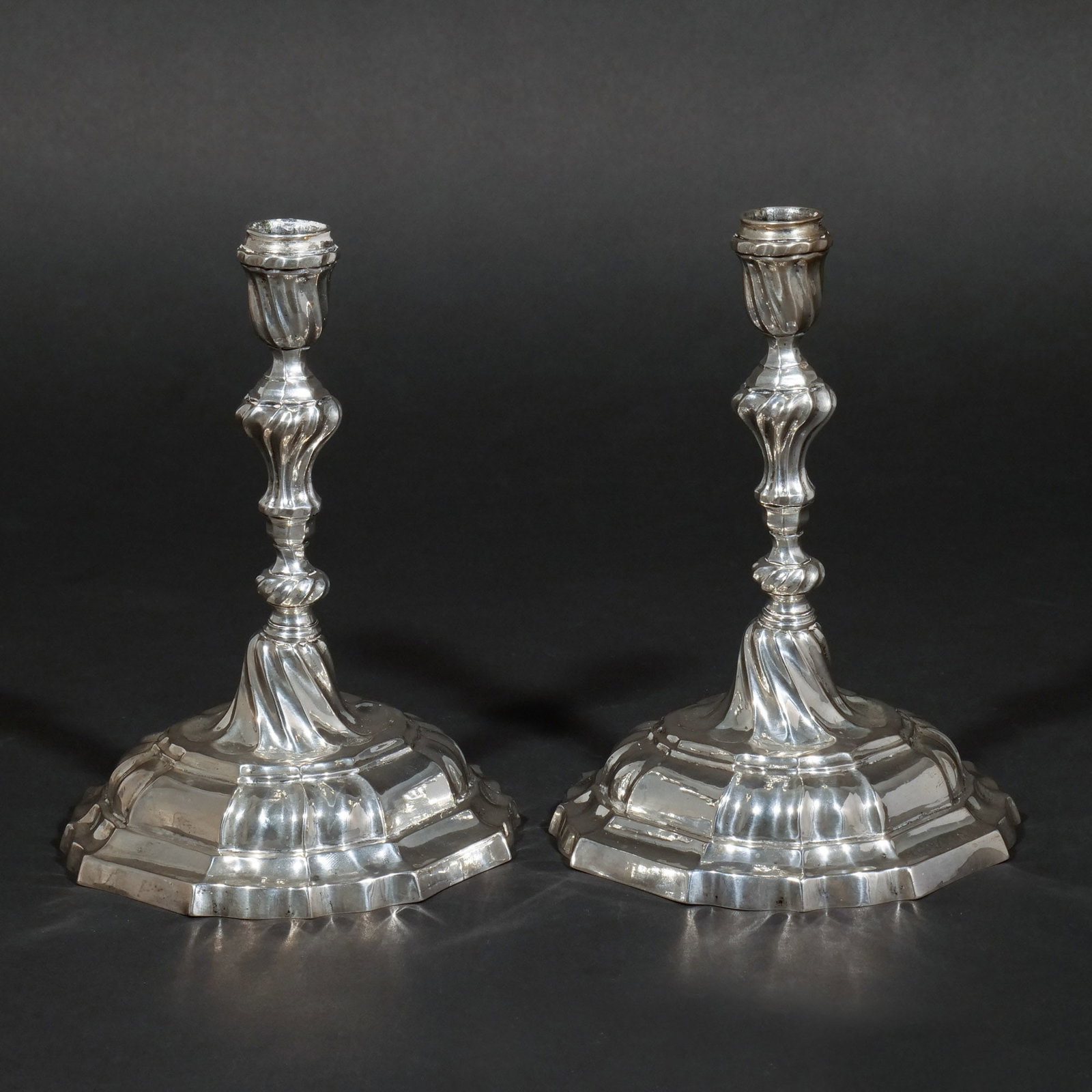 PAIR 18th C. GERMAN SILVER CANDLESTICKS (1 of 8)