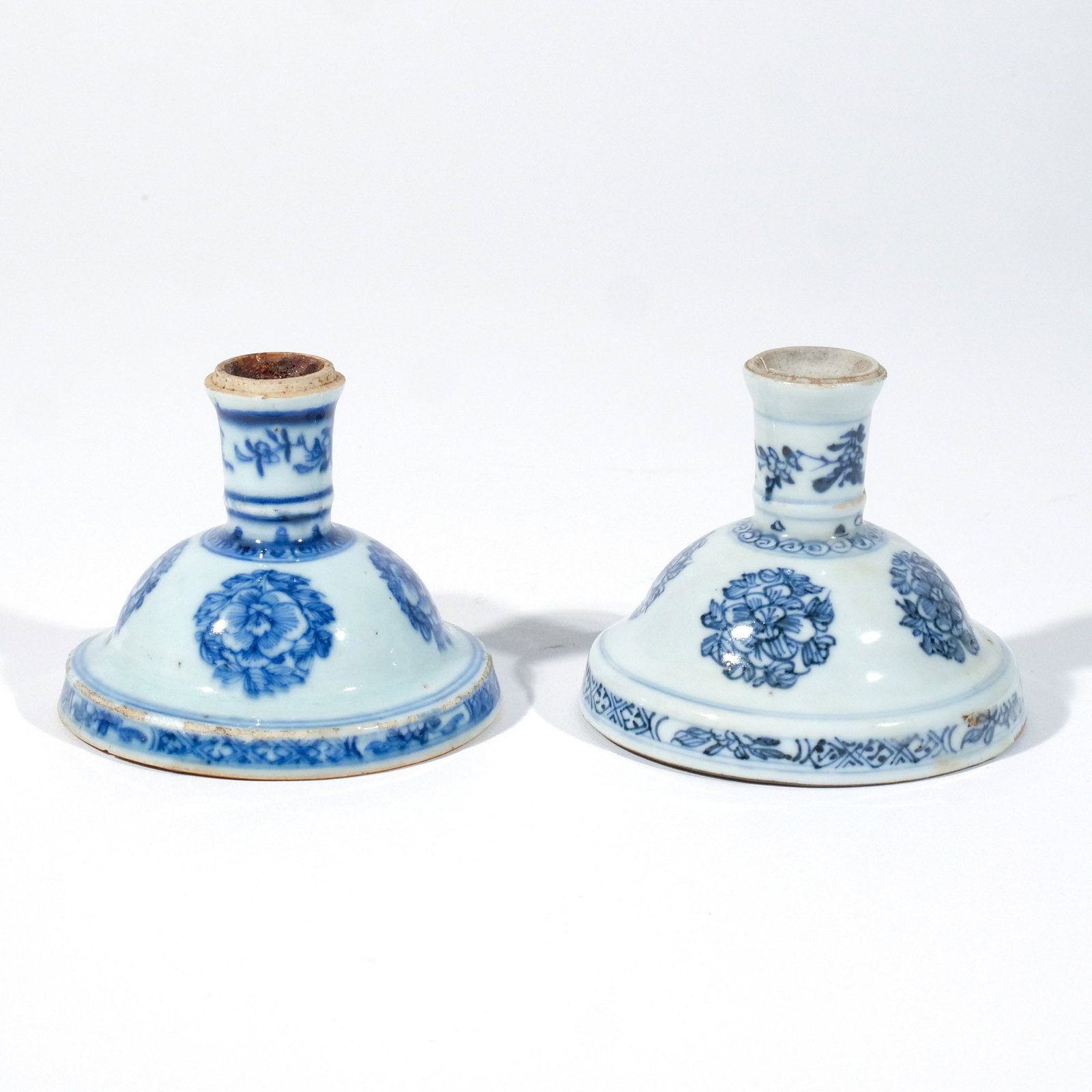 RARE PAIR of CHINESE EXPORT CANDLESTICKS: 19th century or earlier, glazed porcelain, each of low form, possibly made for the Middle-Eastern market h. 3 dia. 3-3/4 in. Provenance: Private collection, Mount Kisco, NY [In Situ Item] This item