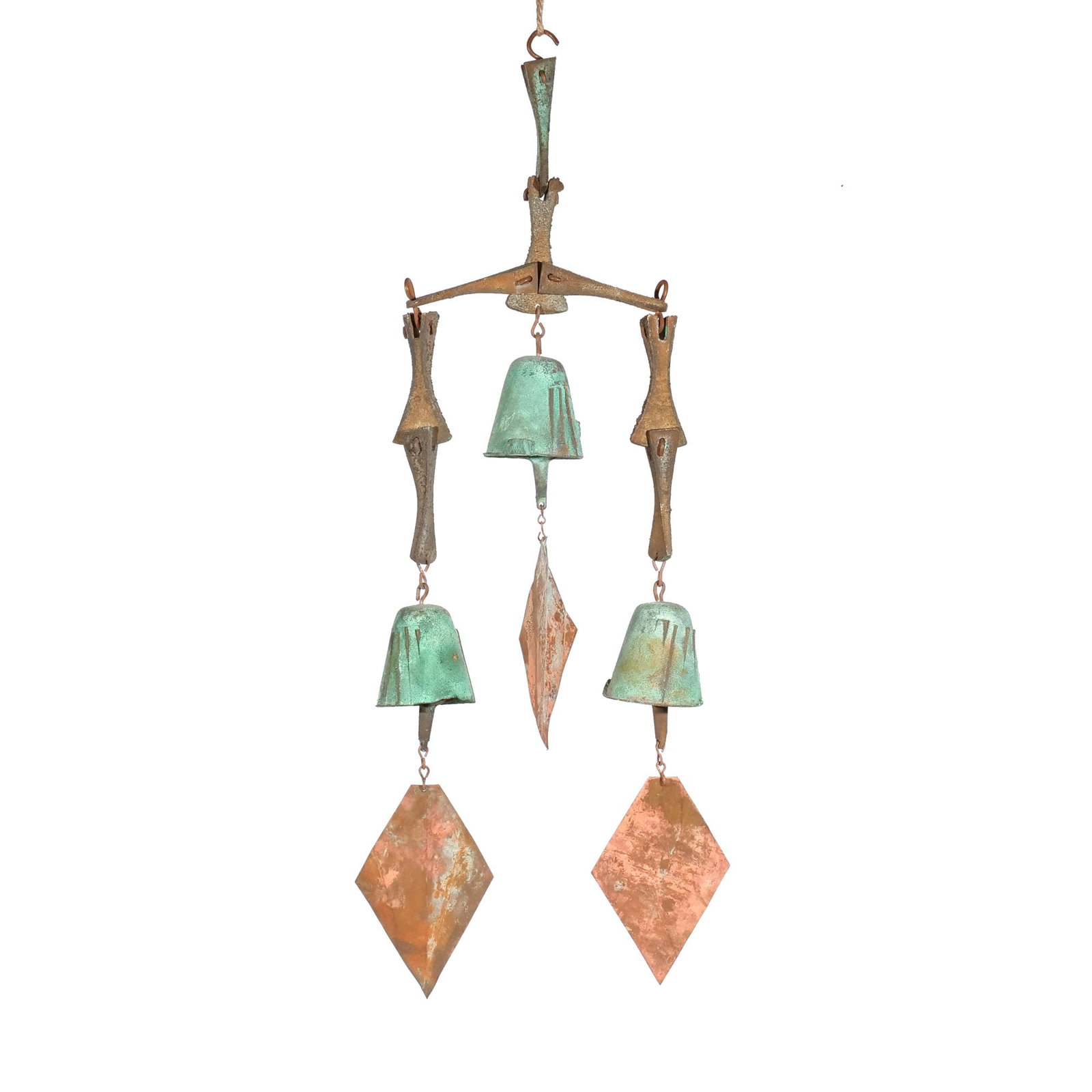 PAOLO SOLERI for ARCOSANTI BRONZE WINDBELL: In the form of an equal arm balance with three drops suspending bells and diamond-shaped sheet metal finials h. 24 w. 8 in. Provenance: Private collection, Bernardsville, NJ