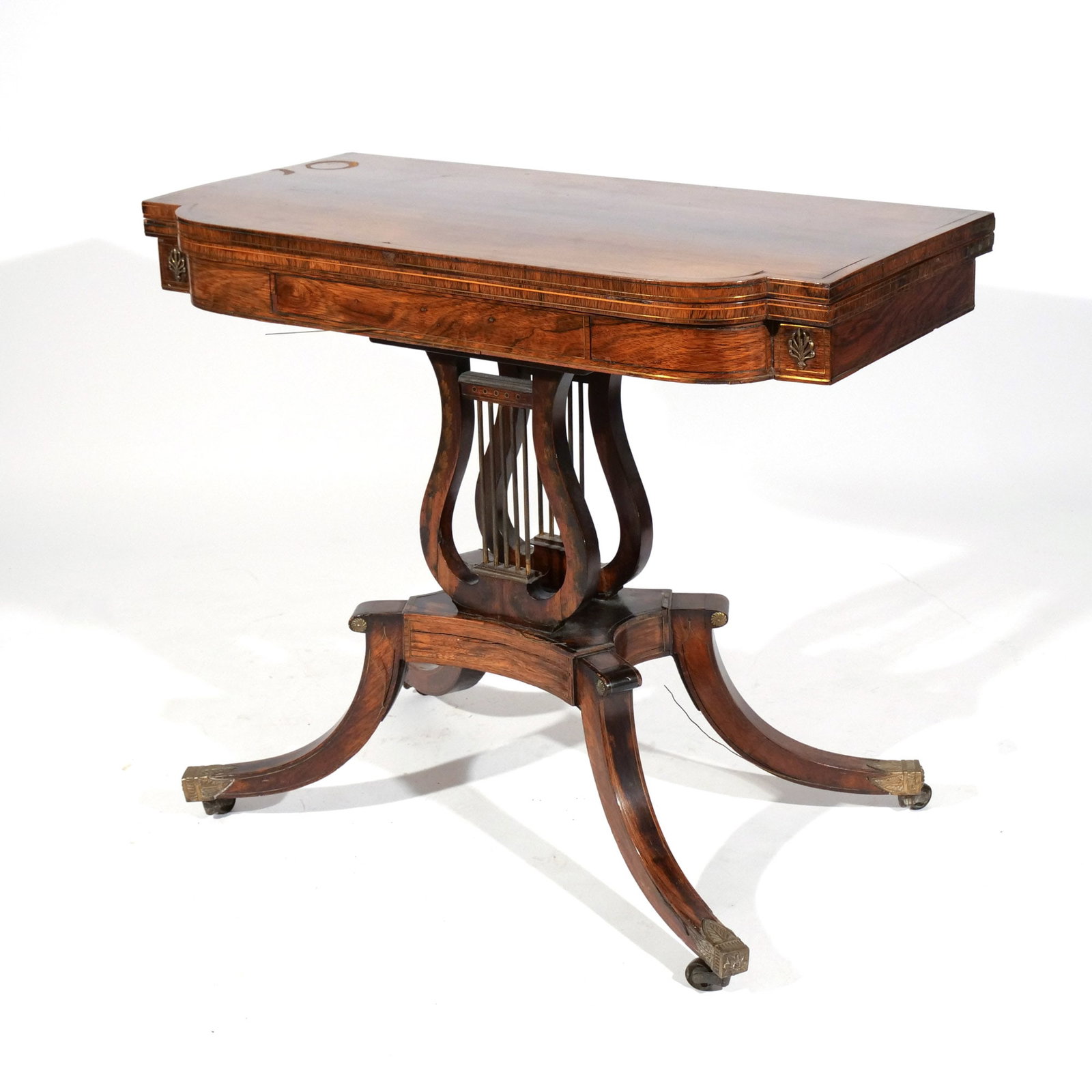 REGENCY ROSEWOOD & WIRE INLAY LYRE-BASE GAME TABLE (1 of 20)