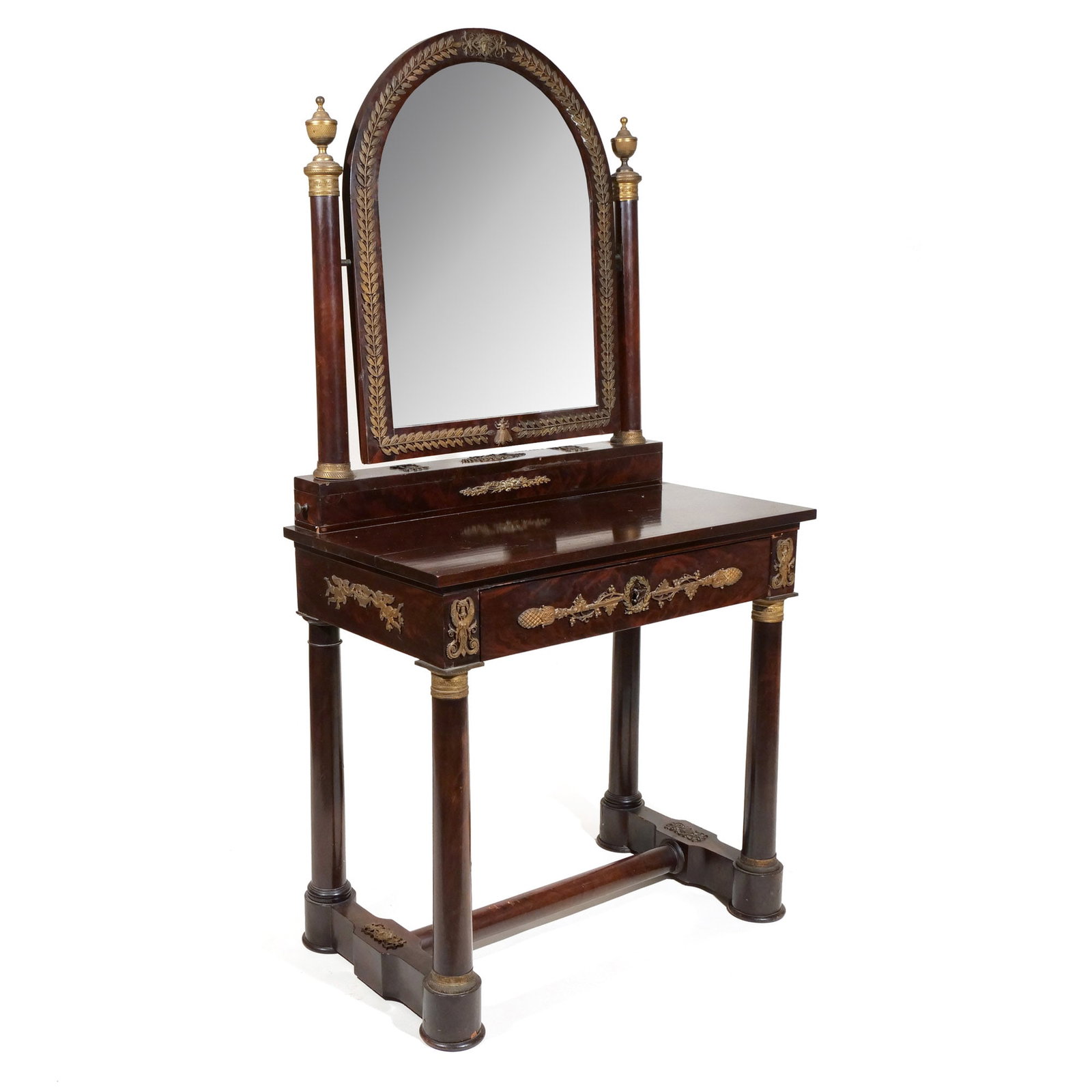 CLASSICAL MAHOGANY DRESSING TABLE OF SMALL SIZE: Mid 19th century, having exceptionally chased ormolu mounts h. 30 in. (tabletop) w. 31-1/2 d. 17-3/4 in. overall: 61-1/4 x 31-1/2 x 17-3/4 in. Provenance: Descent through a prominent Greenwich, CT