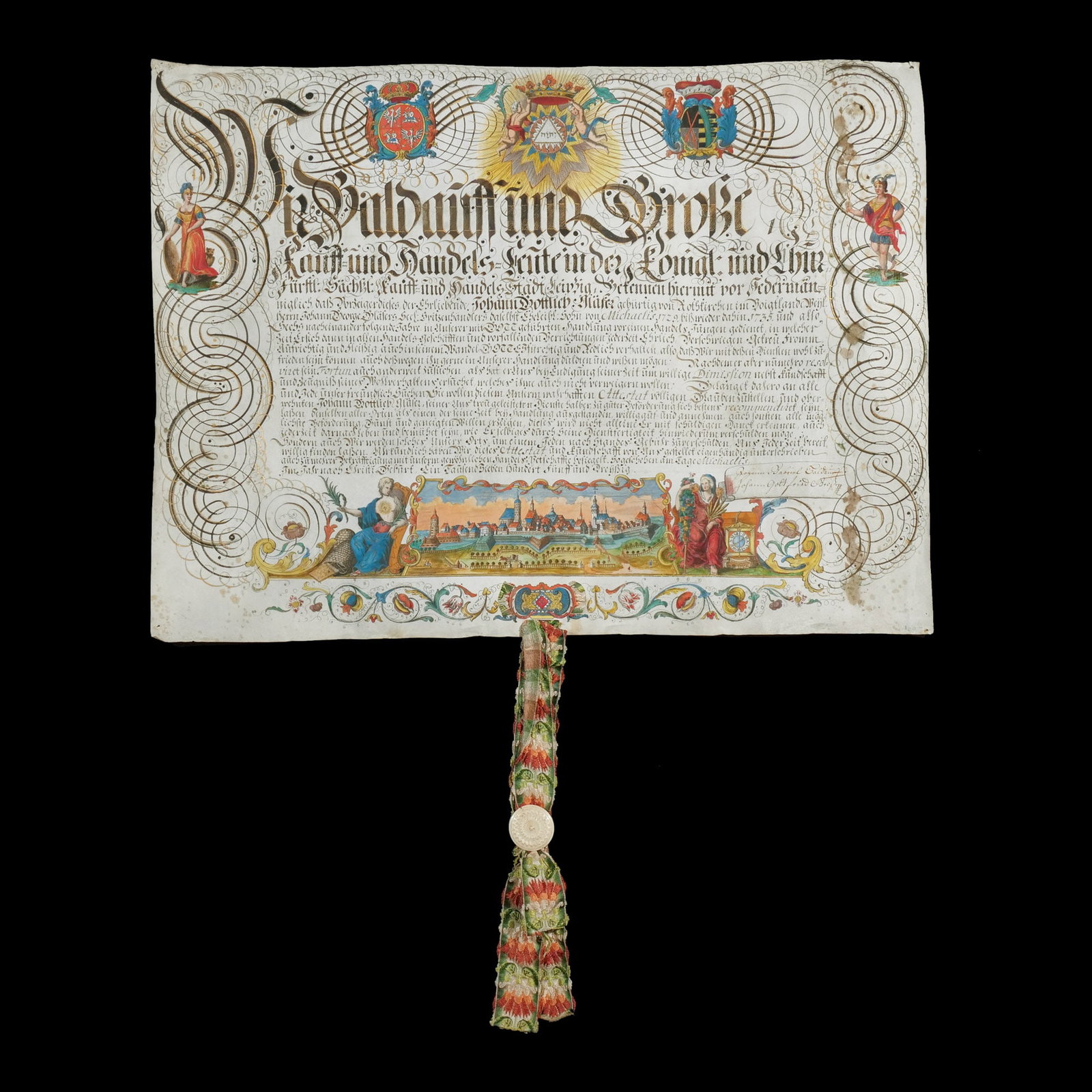 WELL-ILLUMINATED APPRENTICESHIP MANUSCRIPT: Circa 1735, diploma of apprenticeship for Johann Gottlieb Glaeser, on goatskin with gilt highlights and decorated with coat of arms, the gods Mercury and Fortune, and city of Leipzig, with attached ri