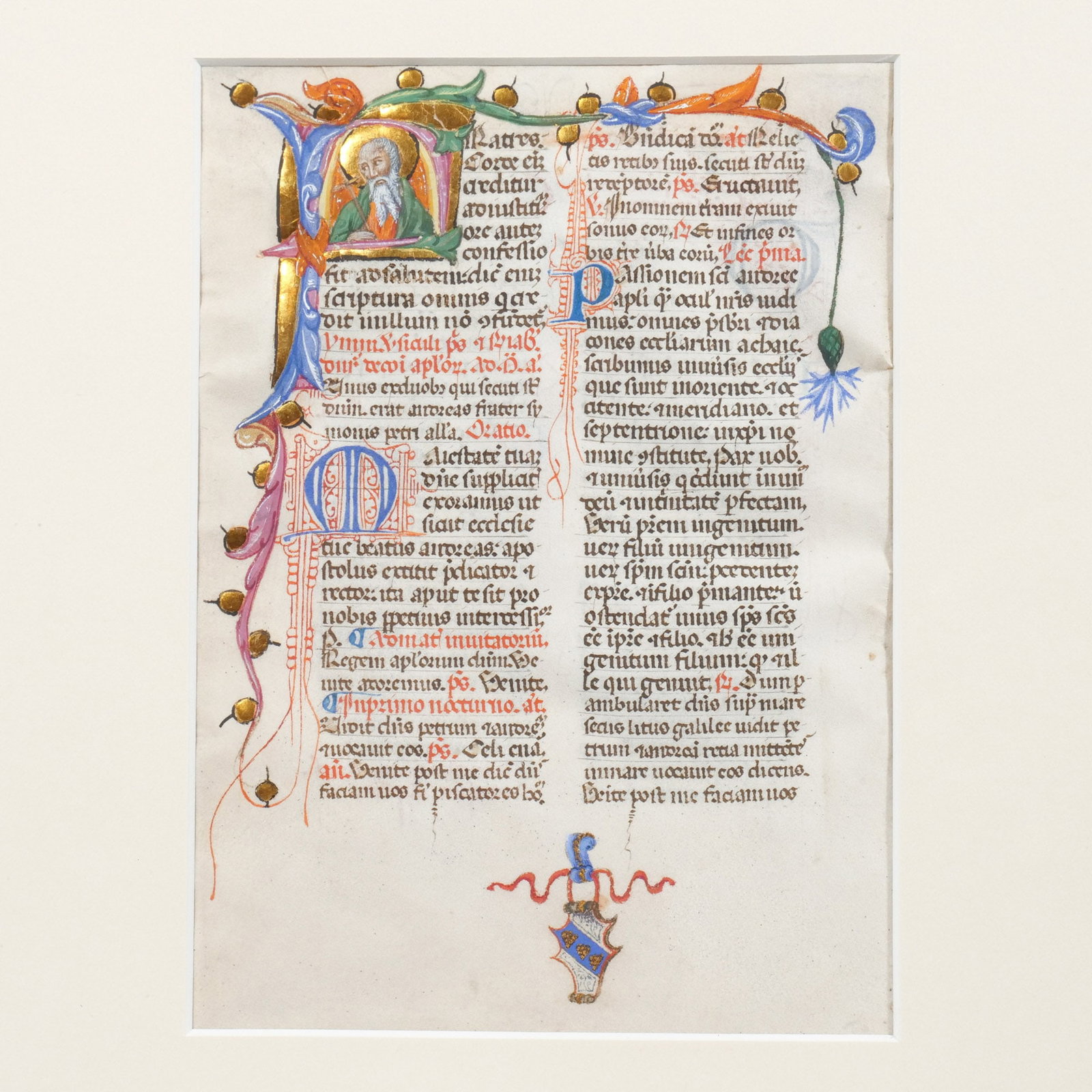 ITALIAN SCHOOL ILLUMINATED MANUSCRIPT PAGE: Circa 1380, Latin text in two columns with a historiated initial of St. Peter, gilt highlights h. 6 w. 4-1/4 in. (sheet) overall: 12-7/8 x 11-1/4 in. (framed) Provenance: The estate of a noted archite