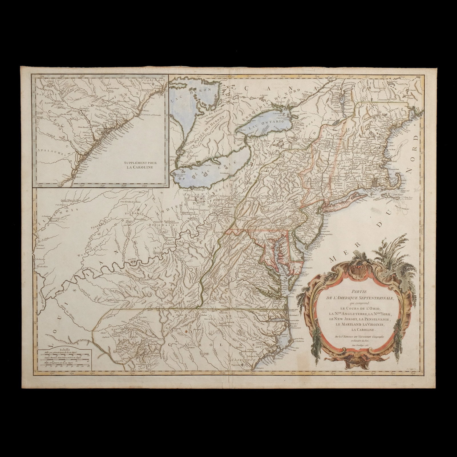1755 MAP of NEW ENGLAND & MID ATLANTIC: De Vaugondy, Robert. Partie de l'Amerique Septentrionale?, France, 1755. Engraved map with hand-coloring, showing the Ohio river, New England, New York, Pennsylvania, Maryland, Virginia, and the Carol