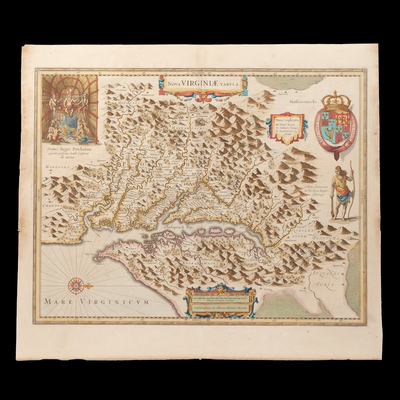 HONDIUS' MAP of VIRGINIA: Hondius, Henricus. Nova Virginiae Tabula. Amsterdam, nd [1633, this copy likely c. 1640s-50s], double-page engraved map with old hand-coloring, French text on verso (final catchword 'n'en', signature 