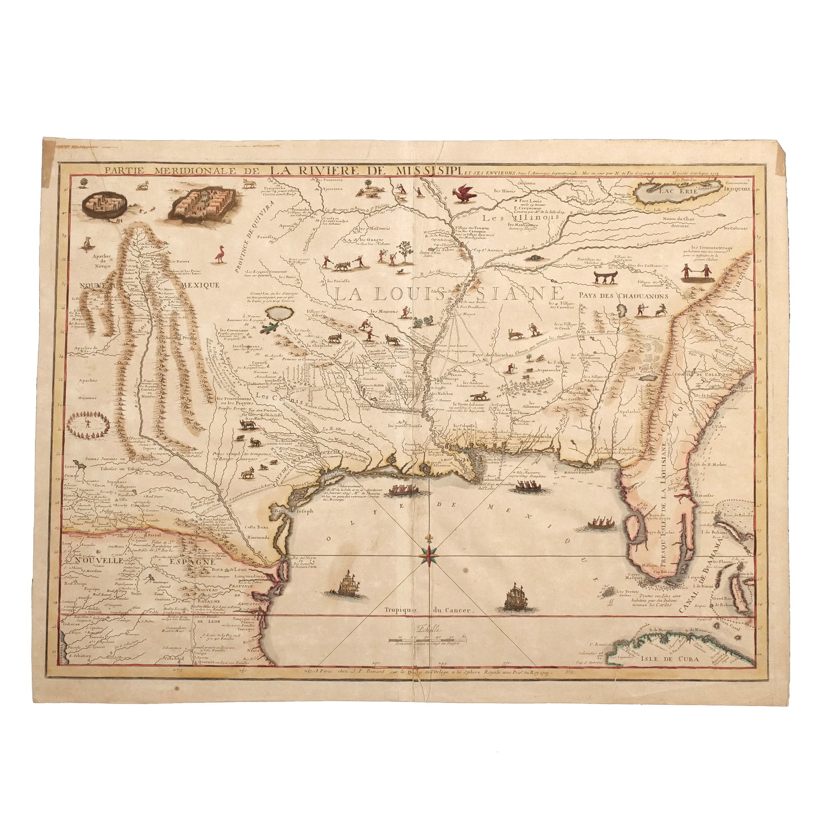 1718 MAP of the MISSISSIPPI RIVER VALLEY: Fer, Nicholas de (1646-1720). Partie Meridionale de La Riviere de Missisipi, et ses Environs, dans l'Amerique Septentrionale. Paris: J.F. Bernard, 1718. Engraved map with hand coloring. A fine example