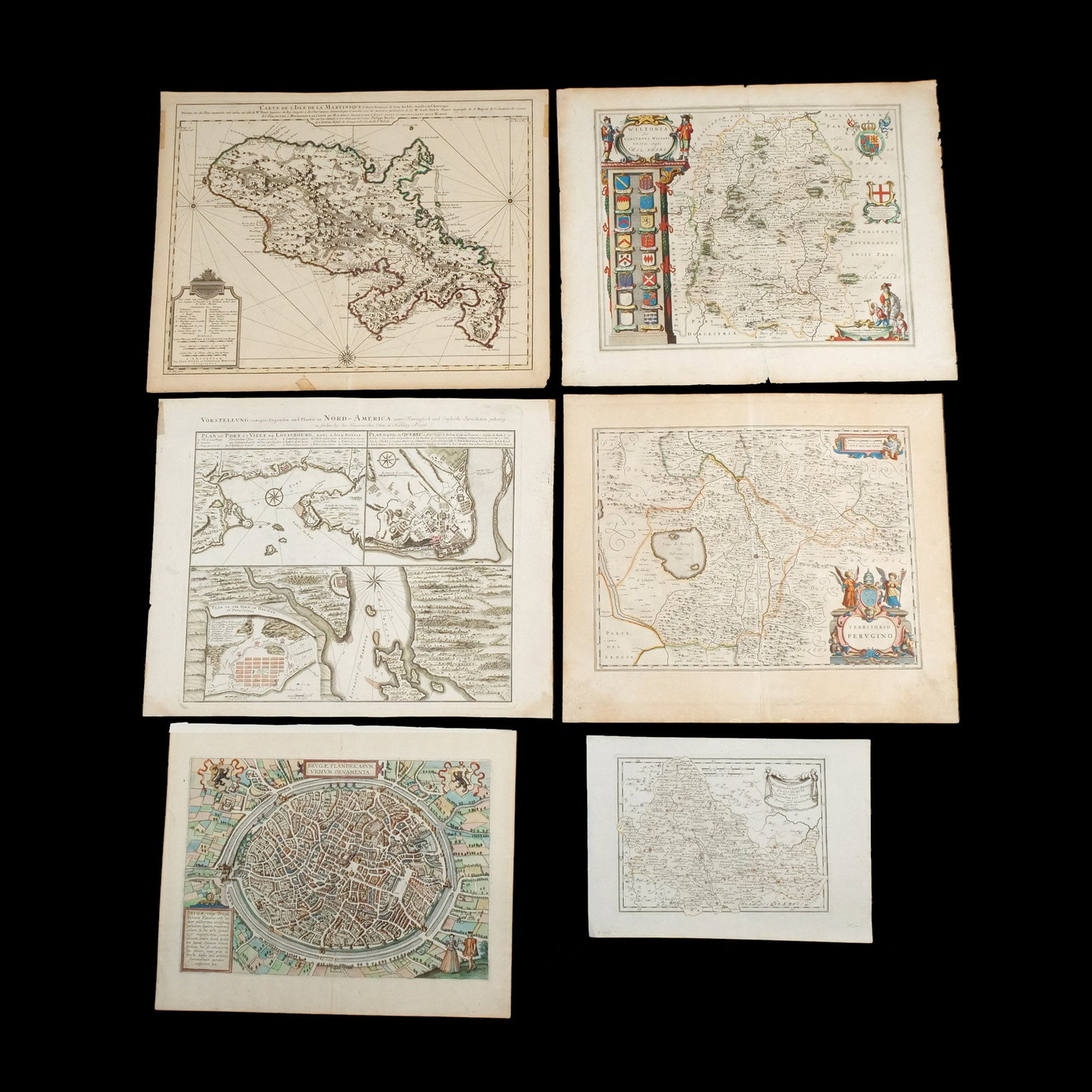 (6pc) EARLY REGIONAL & CITY MAPS: Including: BRAUN & HOGENBERG. Brugae Flandricarum Urbium Ornamenta. From Civitatis orbis terrarum, K?ln, 1572-1581. City view of Bruges, in Flanders (now Belgium), double-page engraved map with hand c