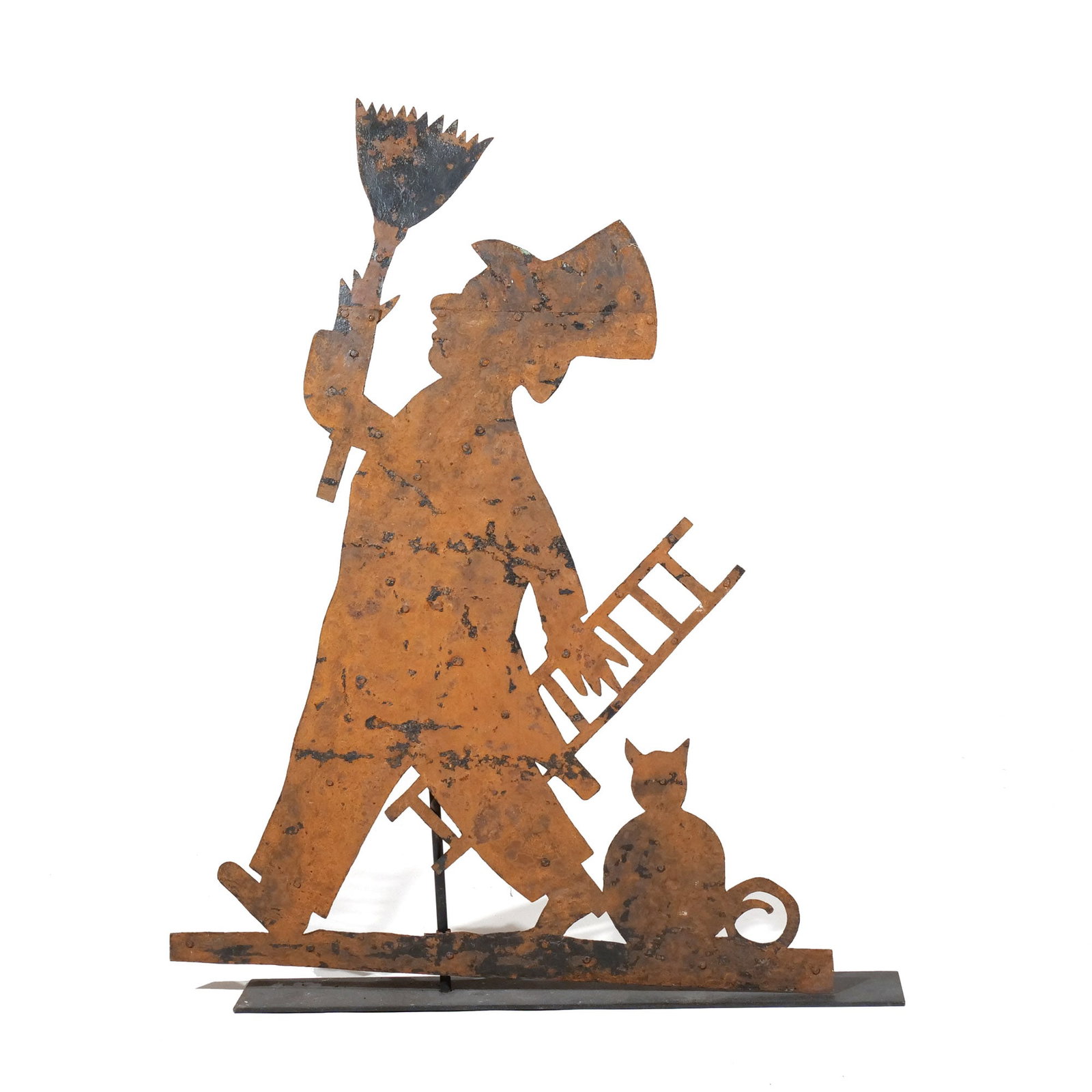 CHIMNEY SWEEP SHEET METAL WEATHERVANE: 19th century, depicted with broom, ladder and cat, with yellow painted surface, with stand h. 46-1/2 w. 39 in. Provenance: Private collection, Bernardsville, NJ