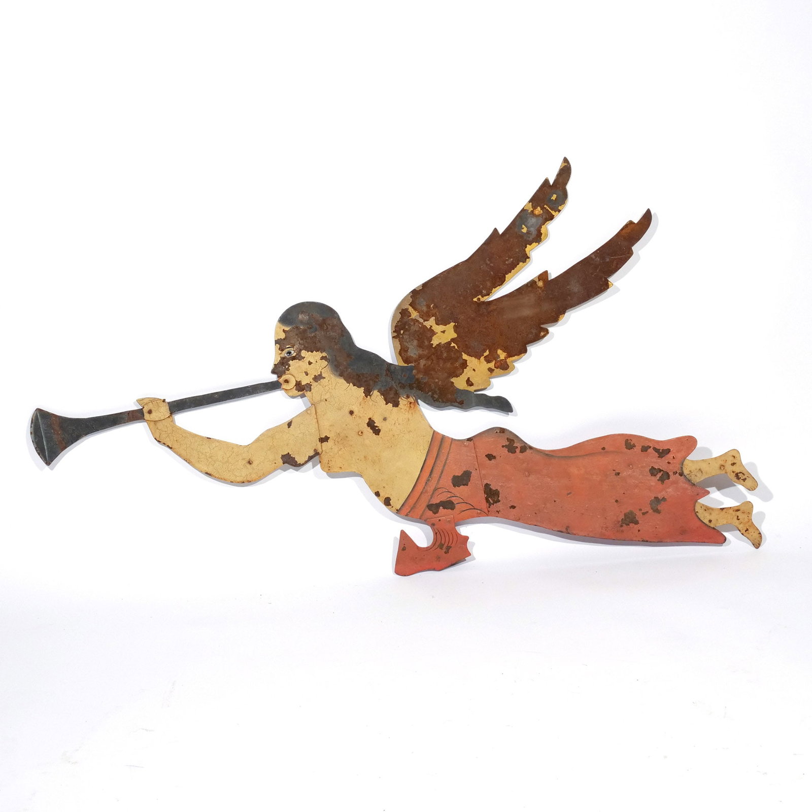 ANGEL GABRIEL SHEET METAL WEATHERVANE: Painted sheet metal with the angel Gabriel blowing his trumpet h. 26-1/2 w. 47 in. Provenance: Private collection, Bernardsville, NJ [In Situ Item] This item will not be on display in our saleroom dur