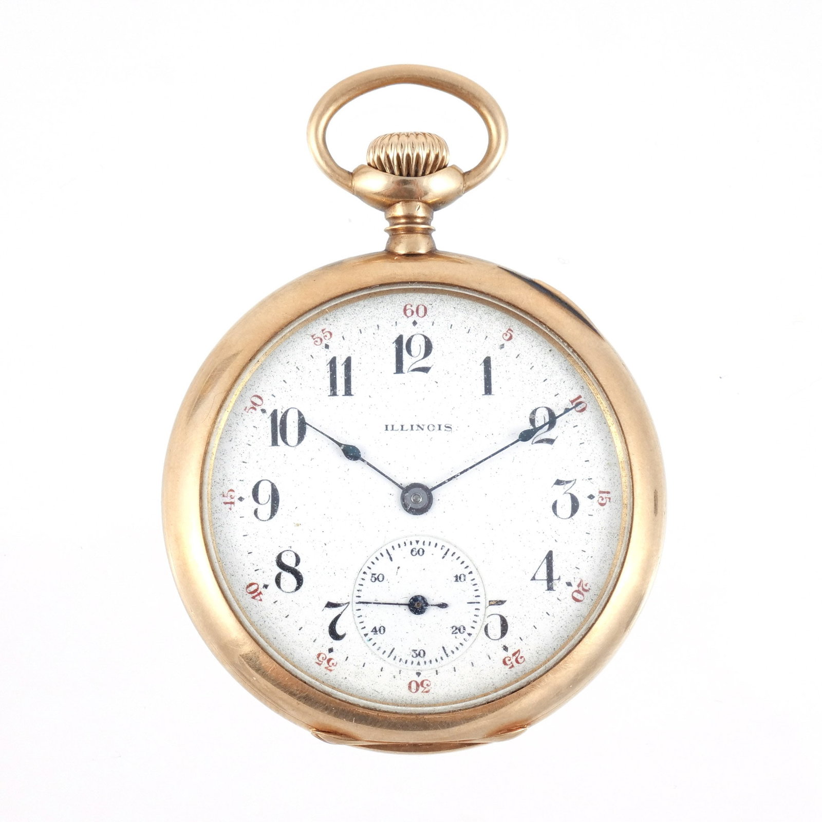 ILLINOIS 14K GOLD POCKET WATCH: c. 1904; interior case marked '14K' and numbered; 17-jewel movement signed 'Illinois Watch Co. / Springfield' and numbered '1777037'; 46 mm case, l. 63 mm overall, 74.4 g total weight dia. 46 mm Prove