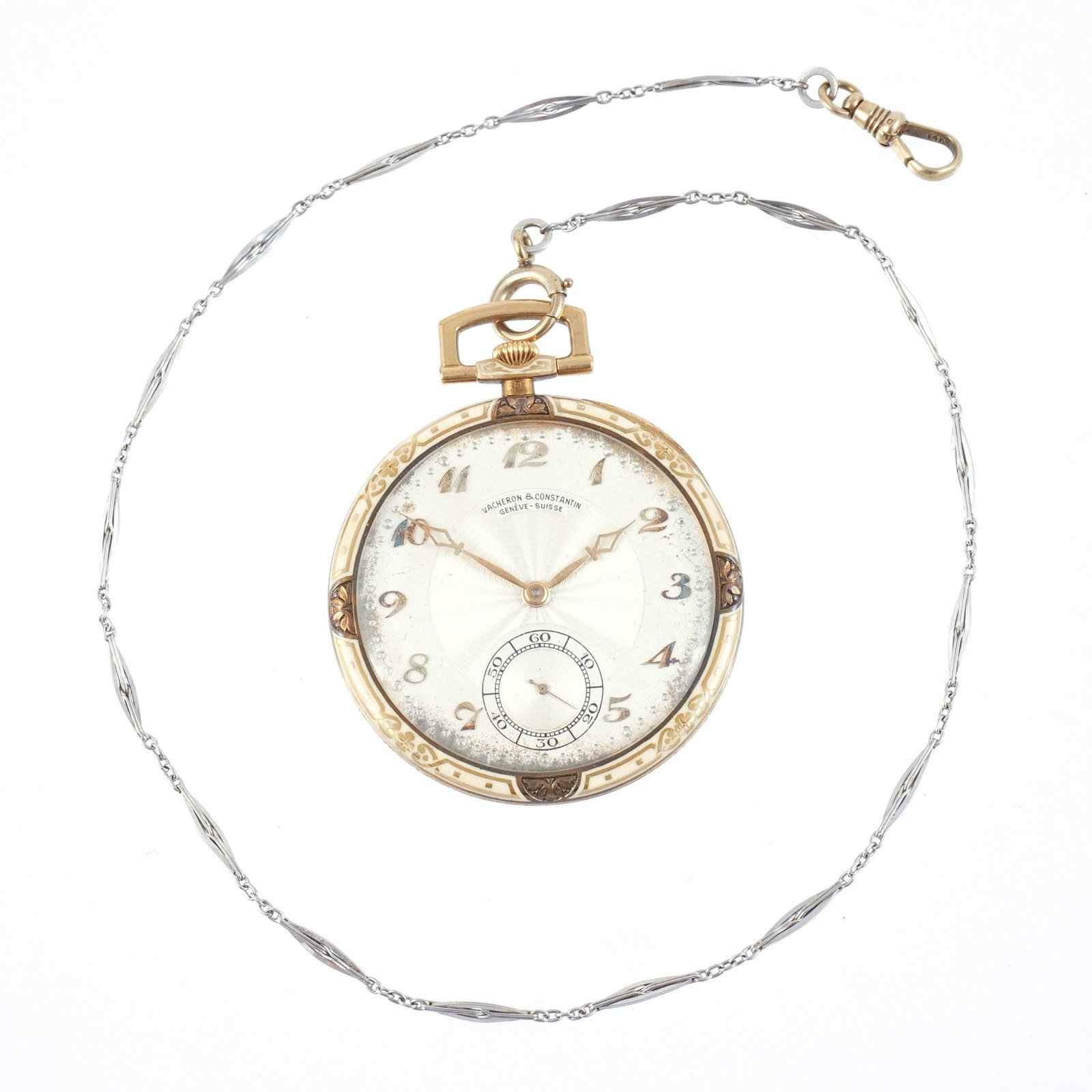 VACHERON CONSTANTIN 18K GOLD POCKET WATCH: c. 1915, Art Deco-style gold and white enamel case; 18-jewel Swiss movement signed 'Vacheron & Constantin' with maker's mark and numbered '388343'; interior case signed 'V&C', marked '18K' with hallma