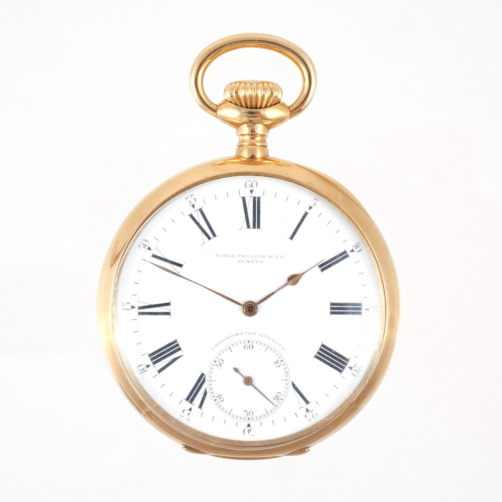 PATEK PHILIPPE 18K GOLD 'GONDOLO' POCKET WATCH: c. 1905 'Chronometro Gondolo' model with engine turned open face case; interior case signed 'PP.Co.', marked '18KTS' and with hallmarks, numbered, and inscribed 'From George M. Kaufman / June 30, 1997