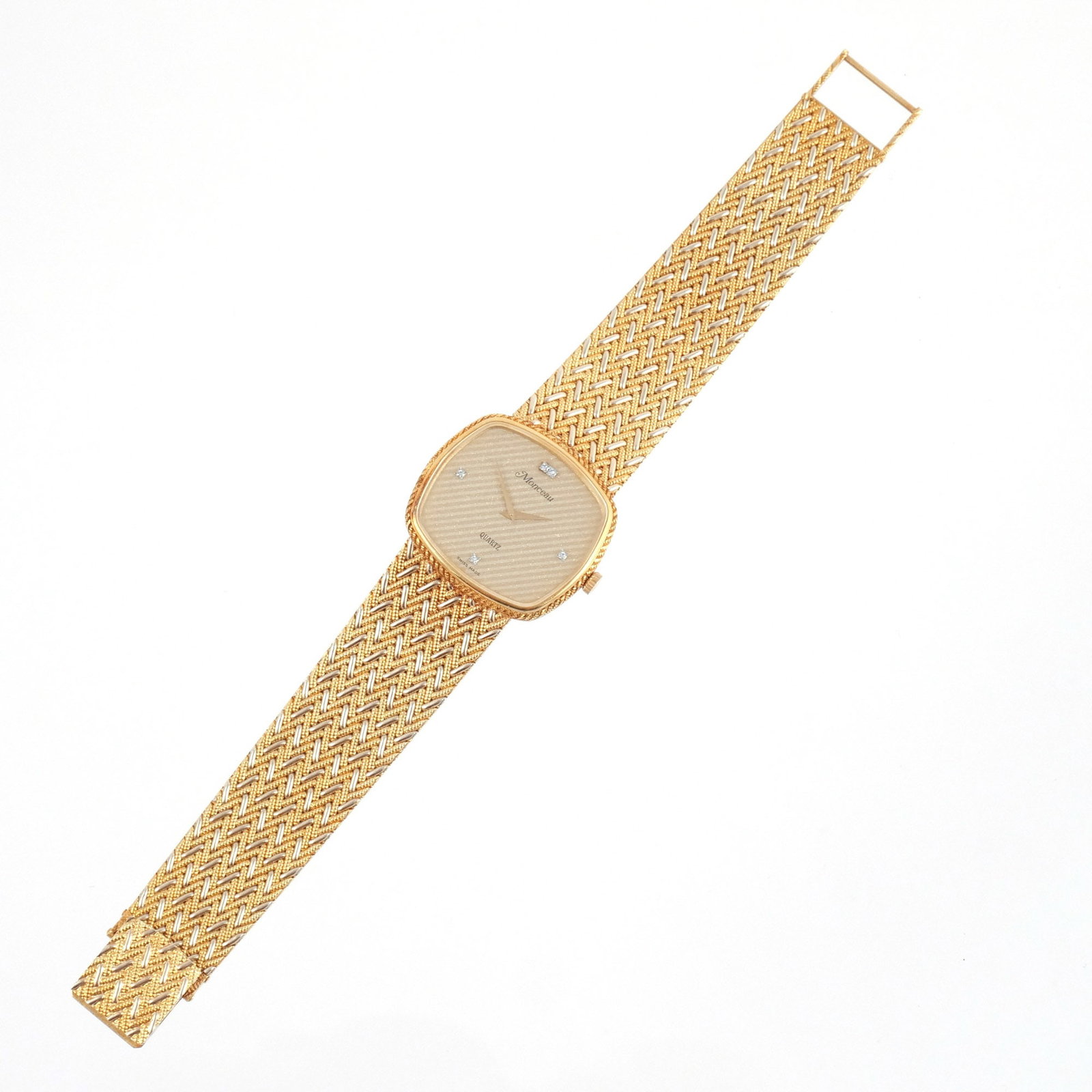 MONCEAU 18K YELLOW & WHITE GOLD WATCH: With 5 melee diamonds on face, Quartz movement, 26 x 29 mm case marked '18ct', integrated woven white and yellow gold band, clasp marked '750' with Swiss assay marks and Monceau maker's mark, overall 