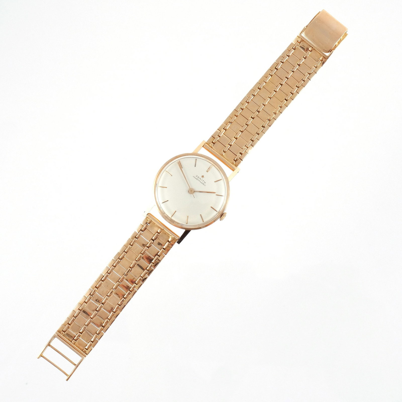 ZENITH AUTOMATIC 18K ROSE GOLD WATCH: 35 mm case numbered and marked 18k, interior case signed 'Zenith / Swiss Made' and marked '18K / 750', 20-jewel Swiss movement signed 'Zenith' and numbered, overall l. 8 in., 82 g total weight Provena