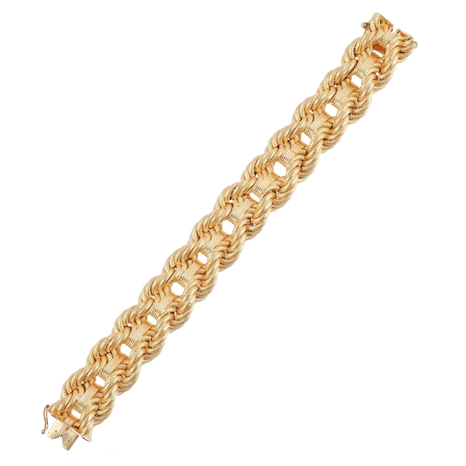 MARCHISIO 18K ITALIAN GOLD DOUBLE ROPE BRACELET: c. 1940s, composed of articulated textured rope-twist links joined by polished ribbed bar links, marked '750' with Italian registration mark '1 TO' for Antica Ditta Marchisio, l. 7-3/4, 67.6 g w. 13/1