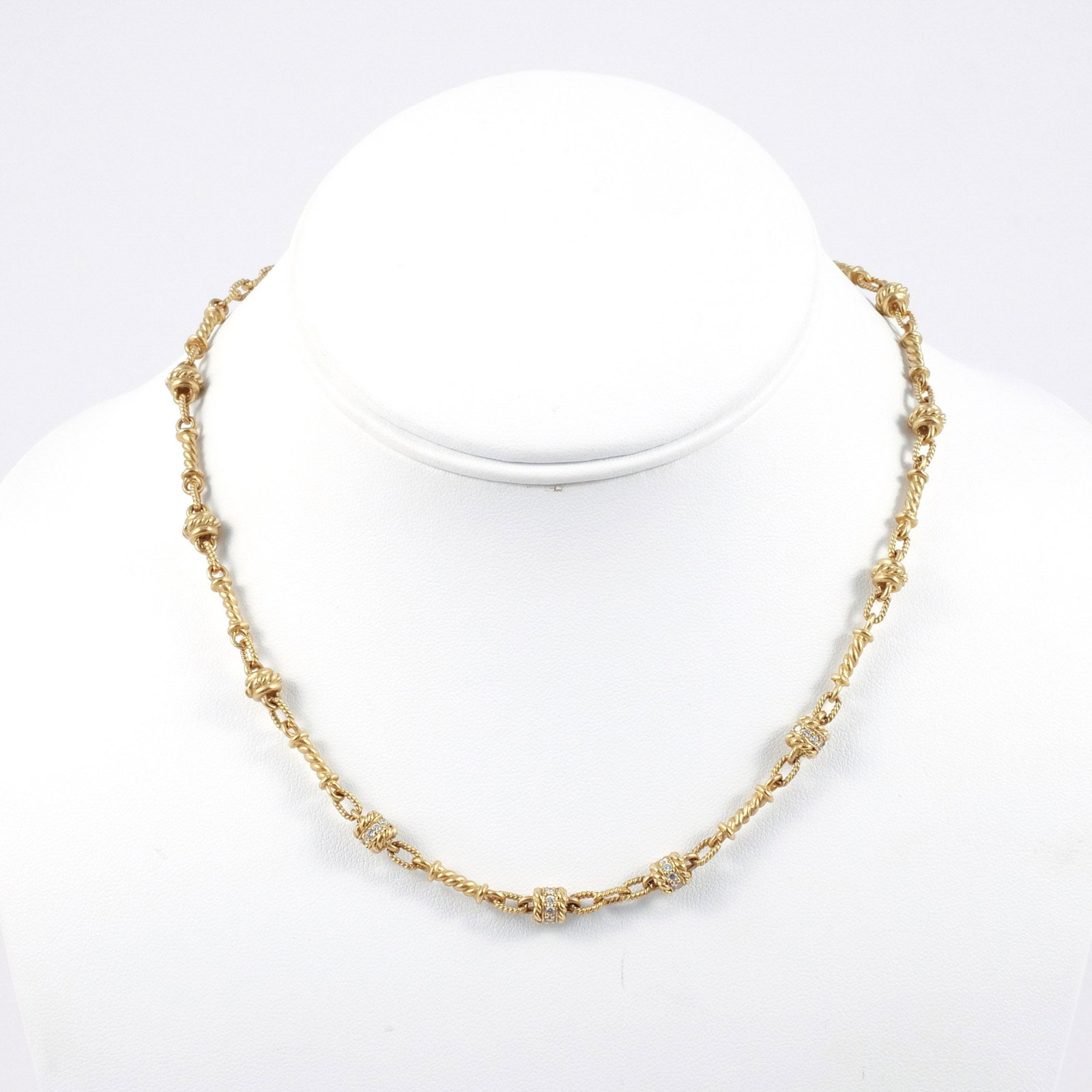 JUDITH RIPKA 18K GOLD & DIAMOND STATION NECKLACE: Composed of rope-twist and oval links with spherical stations, some set with melee diamonds, signed 'J R' and marked '18K', l. 16 in., 28.5 g total weight Provenance: Private collection, Mount Kisco, 
