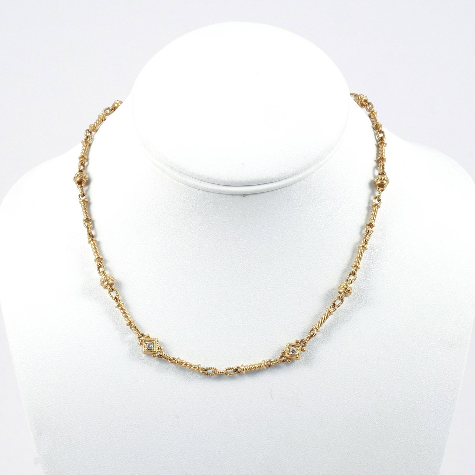 JUDITH RIPKA 18K GOLD & DIAMOND STATION NECKLACE: Composed of rope-twist and oval links with spherical stations and two double-sided square stations set with diamonds, approx. 0.28 cts total diamonds, signed 'J R' and marked '18k', l. 16 in., 28 g to