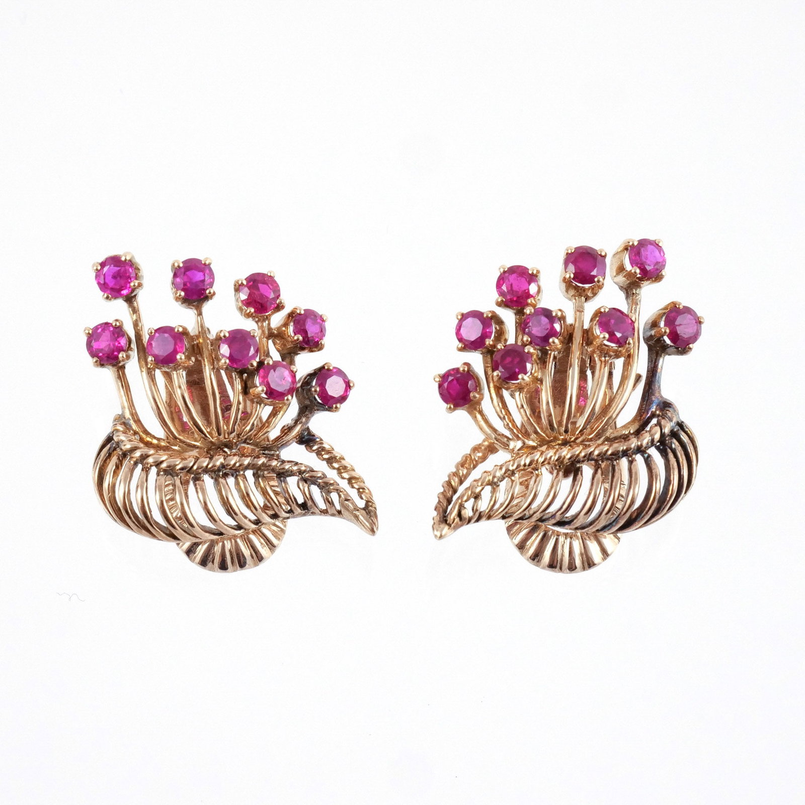 PAIR of GAZDAR 14K ROSE GOLD & RUBY EARRINGS: In the form of an open basket holding ruby-topped stems, can be worn either as earrings or ear clips, approx. 1.8 cts total rubies, signed 'Gazdar', unmarked but test as 14k, 12.3 g total weight h. 1