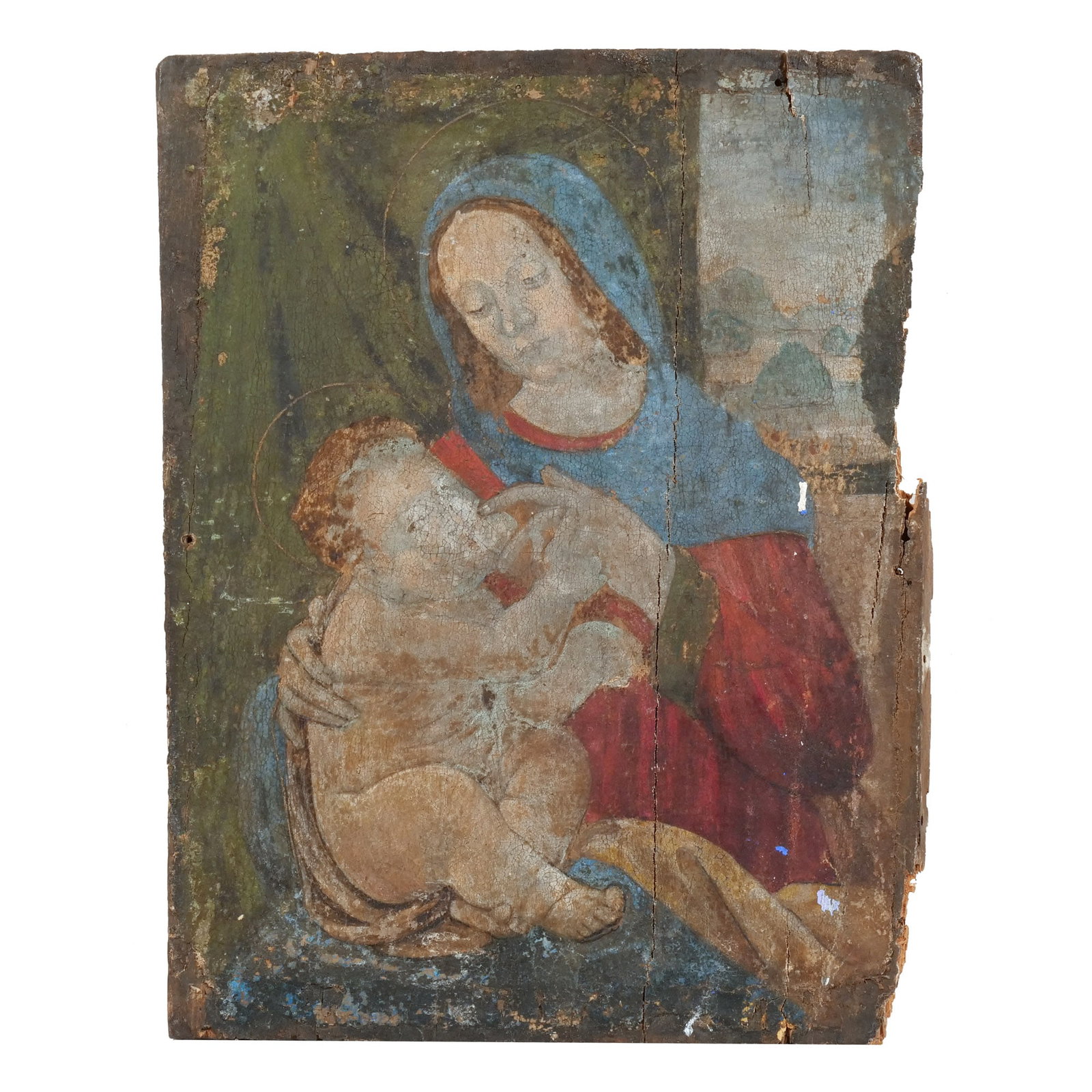 ITALIAN SCHOOL, 15th/16th century: Madonna and Child with Landscape Oil on panel h. 12-1/2 w. 9-1/2 in. No apparent signature Provenance: Acquired in Italy in the 1950s by the estate of noted artist and author Edward Giobbi