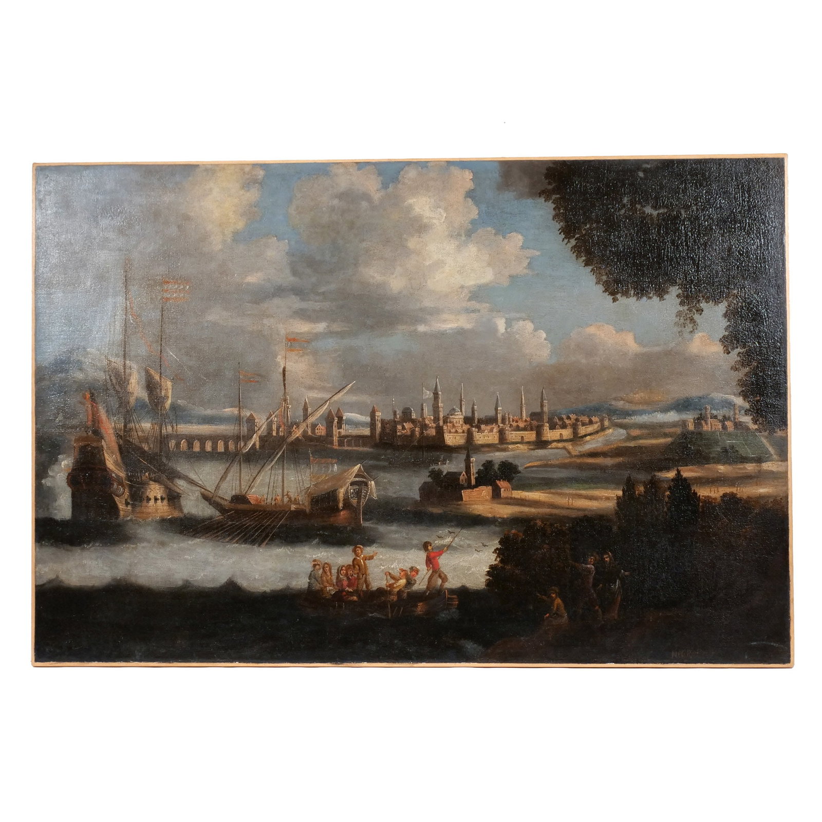 CONTINENTAL SCHOOL, 18th century: Negropont Oil on canvas h. 30-1/2 w. 45-1/2 in. Inscribed 'NEGROPONT' (sic) lower right Provenance: Descent through a prominent Greenwich, CT doctor's estate This view depicts the city of Negroponte,