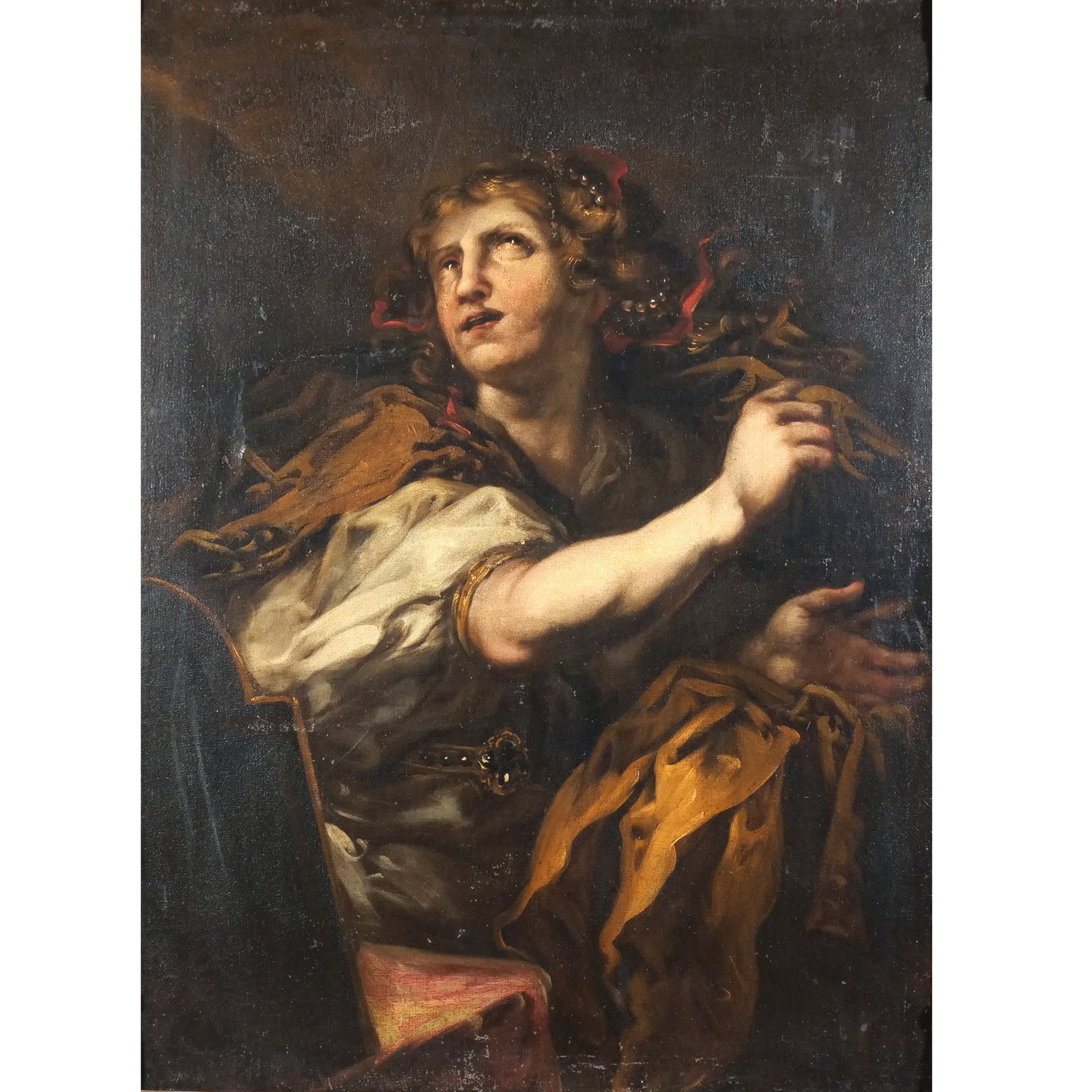 MANNER OF CARAVAGGIO, 17th/18th century: The Penitent Mary Magdalene Oil on canvas h. 38 w. 28 in. No apparent signature, the figure of Mary Magdalene shown in front of a table-top mirror with her tear-filled eyes gazing upwards, symbolizing