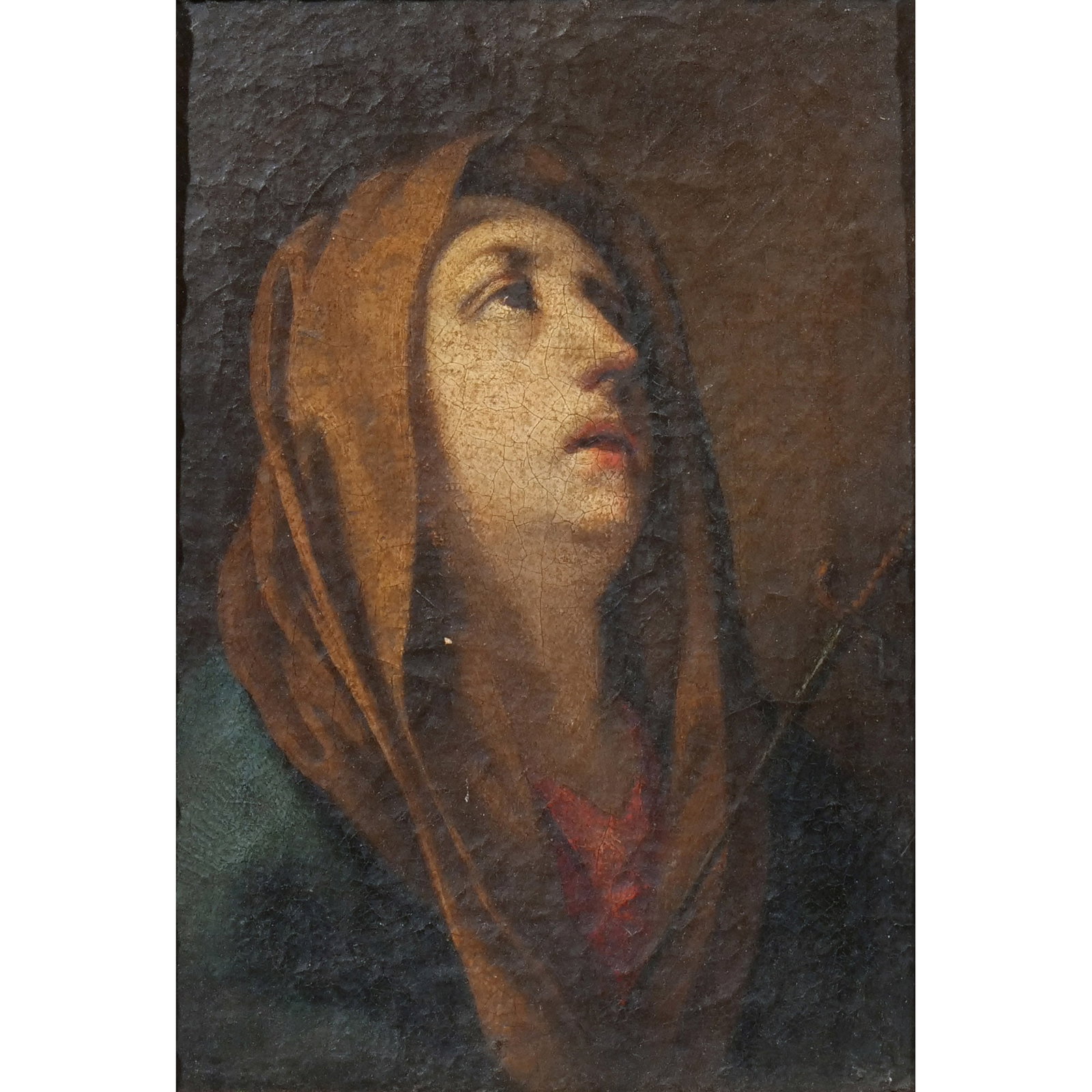 FOLLOWER OF CARLO DOLCI (1616-1686): Mater Dolorosa Oil on canvas h. 9-1/2 w. 6-3/4 in. 17th/18th century, in an early 20th century frame, attribution in pencil on verso overall: 12-1/2 x 9-1/2 in. (framed) Provenance: The estate of a no