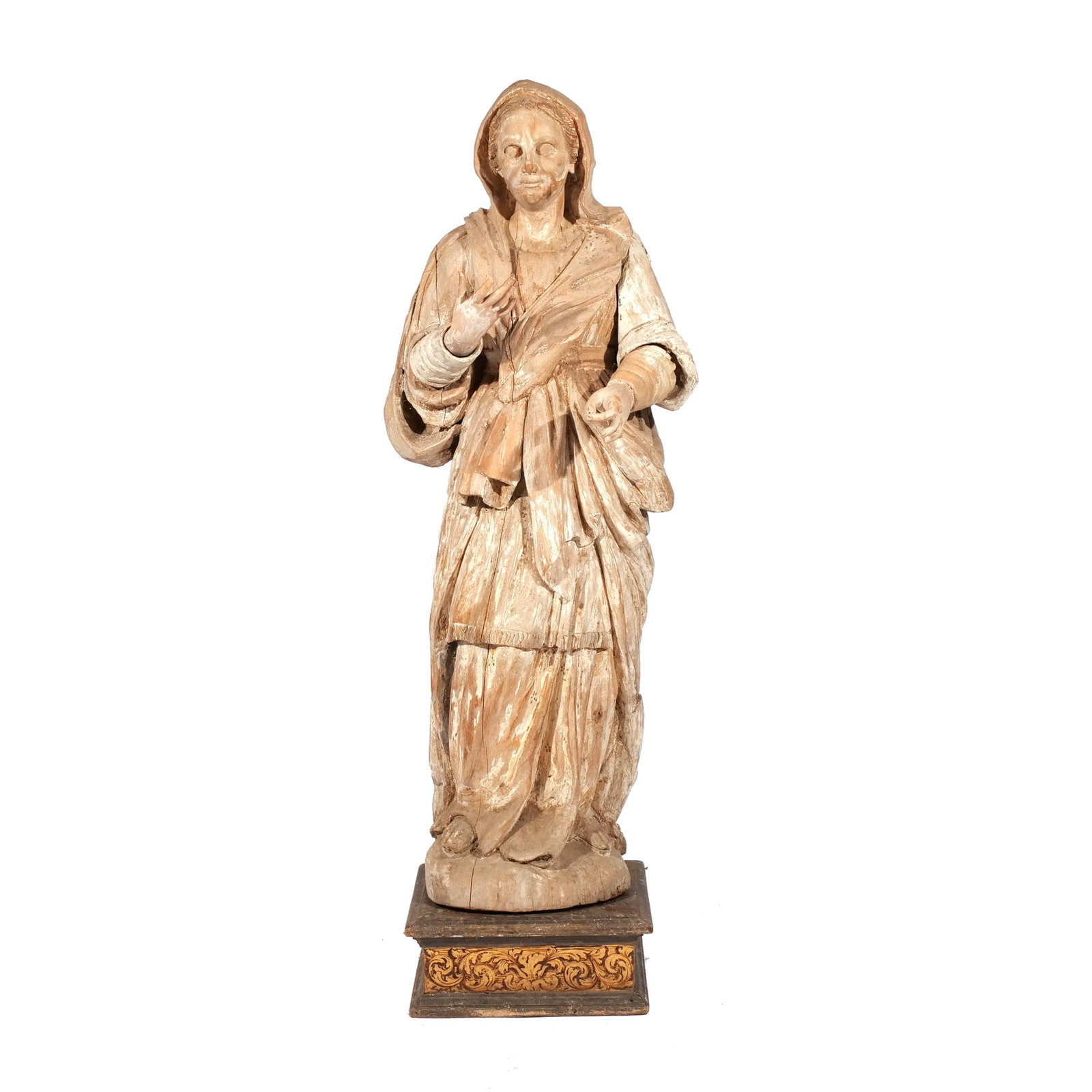 (2pc) ITALIAN CARVED & POLYCHROME FIGURE & STAND: Likely 18th or early 19th century, depicting the Madonna or possibly Saint Elizabeth, with articulated hands, forearms, and proper-left shoulder, with a paint-decorated stand h. 51 w. 19 d. 18 in.