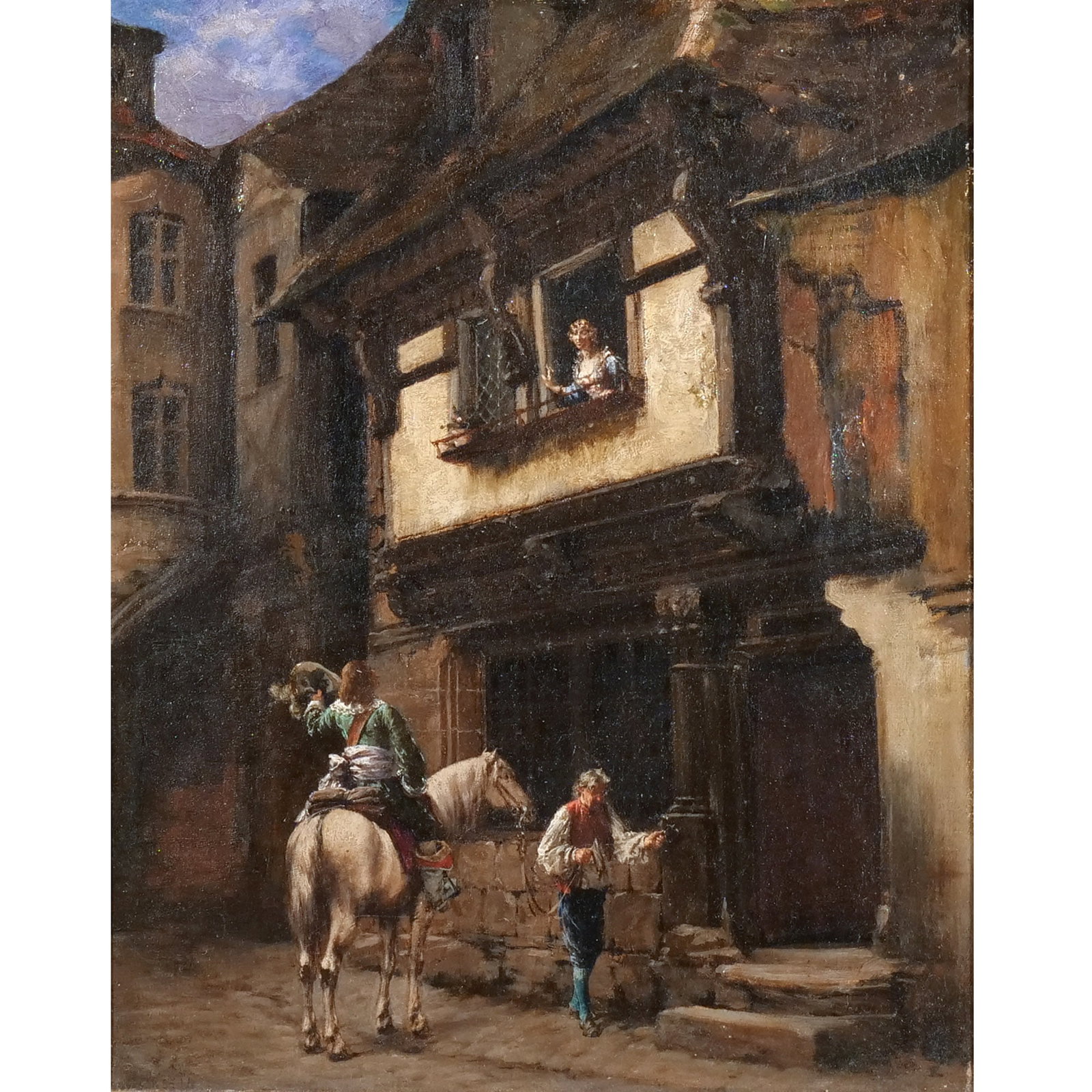 CHARLES ALEXANDRE COESSIN de la FOSSE (French): Courting Scene in the City Oil on canvas h. 16 w. 13 in. (1829-1910), signed lower left, framed overall: 25 x 21-3/4 in. (framed) Provenance: Descent through the consignor's family [In Situ Item]