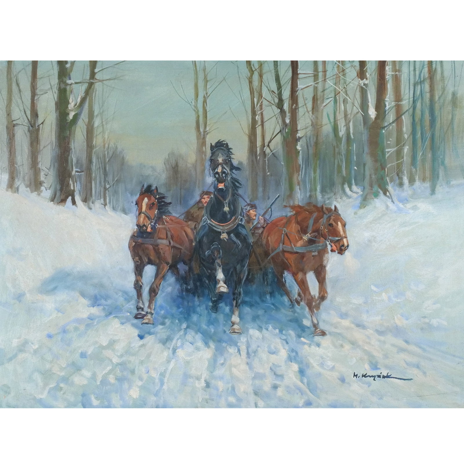 MIECZYSLAW KRZYZAK (Polish, 1914-1984): Troika in the Snow Oil on canvas h. 23 w. 31 in. Signed lower right overall: 28-1/8 x 36-3/4 in. (framed) Provenance: Descent through the consignor's family