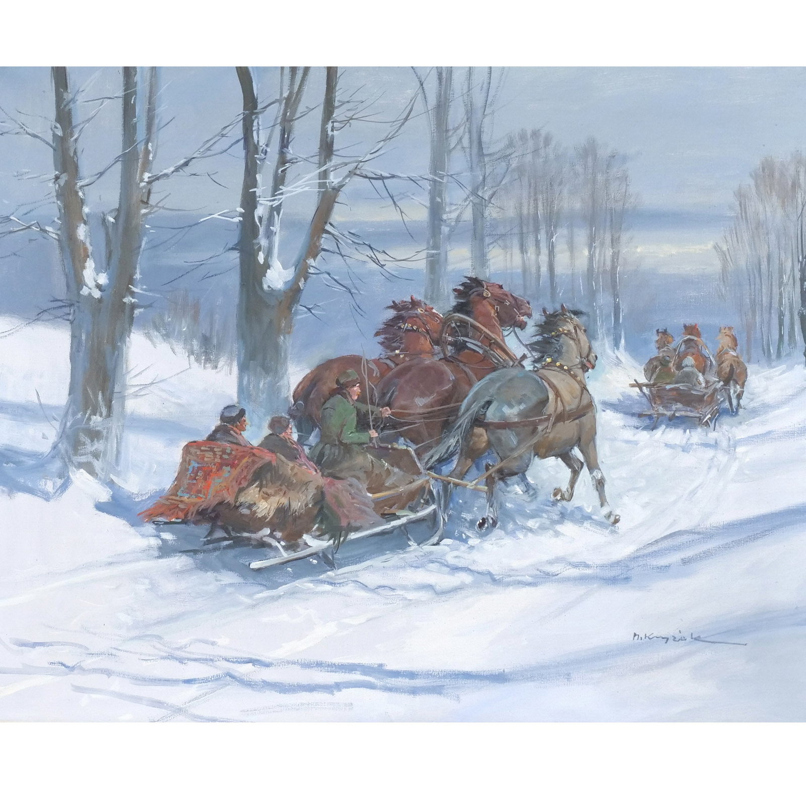 MIECZYSLAW KRZYZAK (Polish, 1914-1984): Two Troikas on a Winter Road Oil on canvas h. 24 w. 30 in. Signed lower right overall: 31-1/2 x 37-1/4 in. (framed) Provenance: Descent through the consignor's family