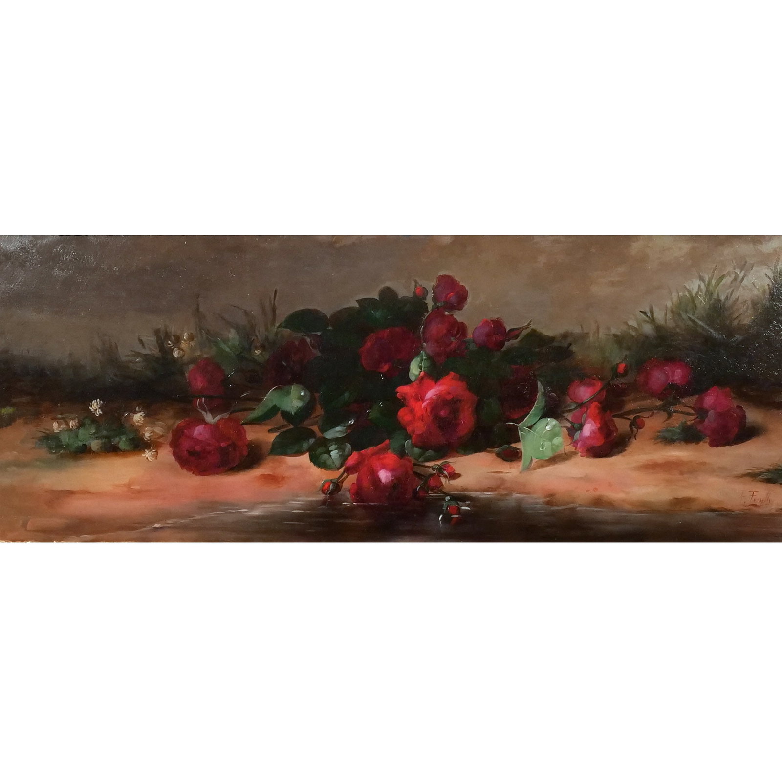 FREDERICK FENETTY (Canadian/American, 1854-1915): Extensive Watery Splay of Roses Oil on canvas h. 16 w. 40 in. Signed lower right, period frame overall: 30 x 53 in. (framed) Provenance: Descent through a prominent Greenwich, CT doctor's estate