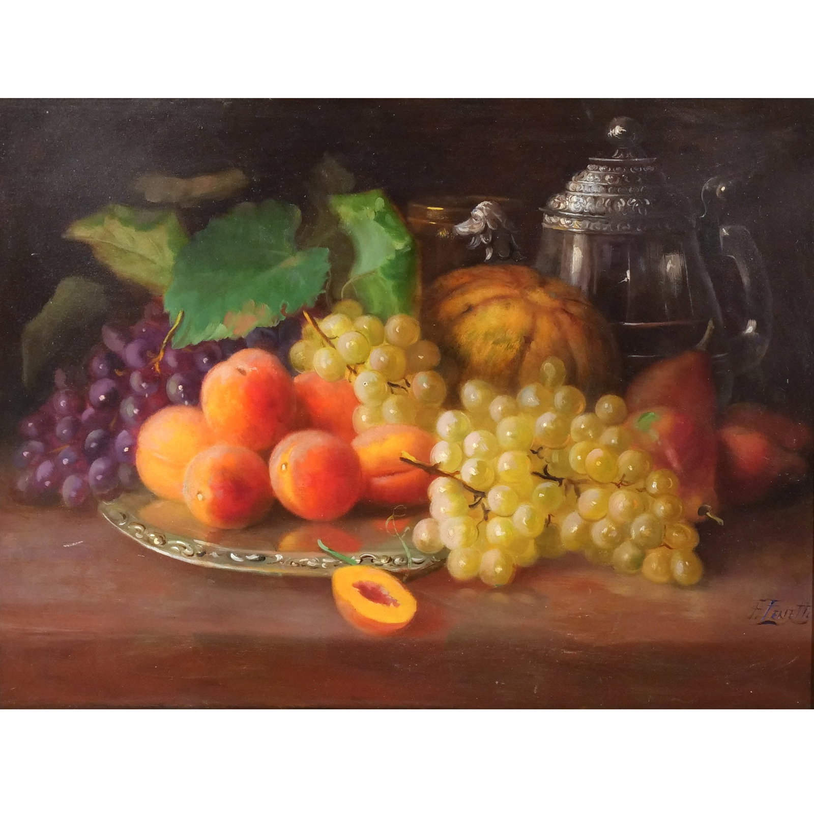 FREDERICK FENETTY (Canadian/American, 1854-1915): Still-Life with Fruit and Bric-A-Brac Oil on board h. 19 w. 24 in. Signed lower right, labels on verso, incl, '42 Fruit" overall: 29-1/2 x 23-1/3 in. (framed) Provenance: Descent through a prominent G